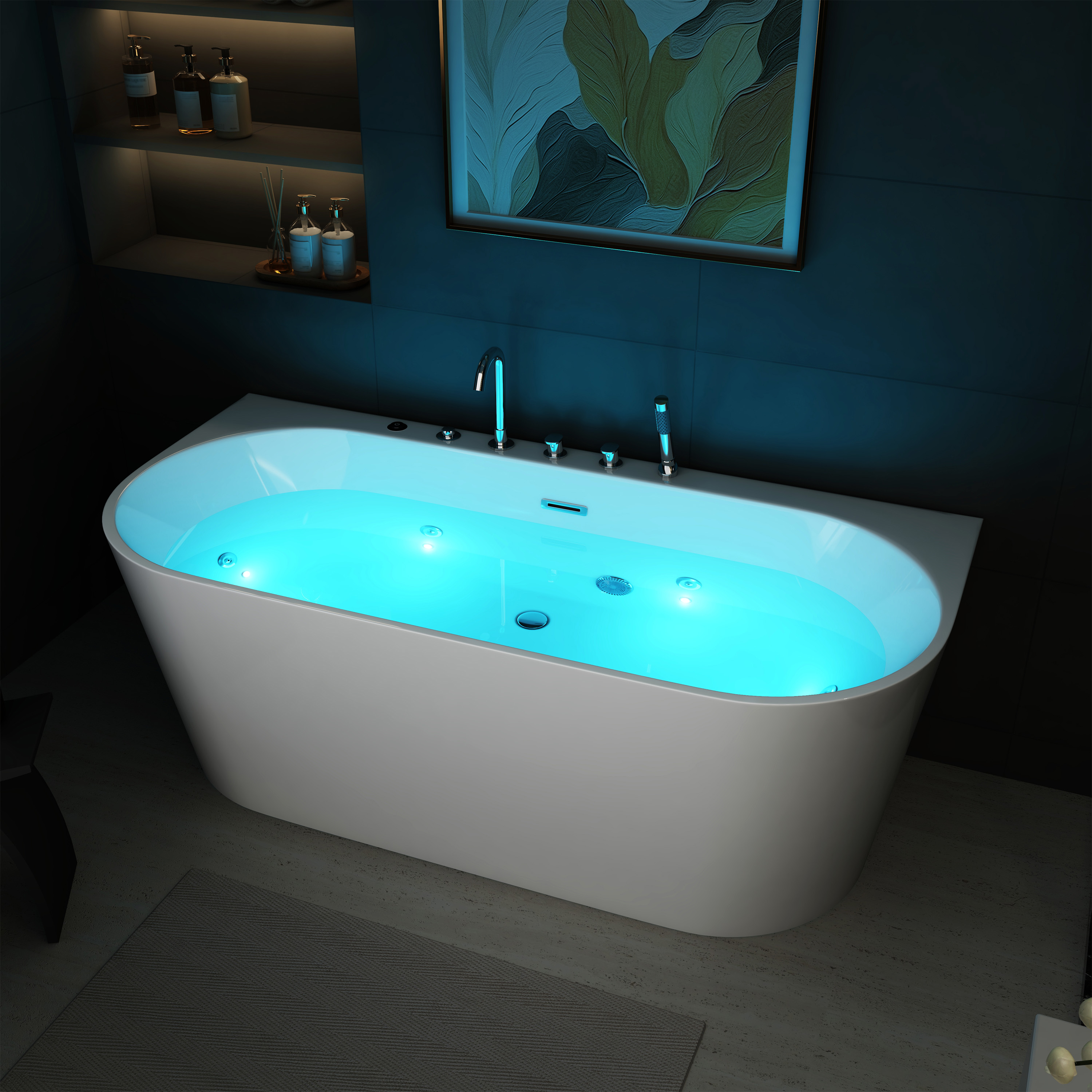 63" Acrylic Freestanding Whirlpool Bathtub with 6 Jets and 7-Color LED Light