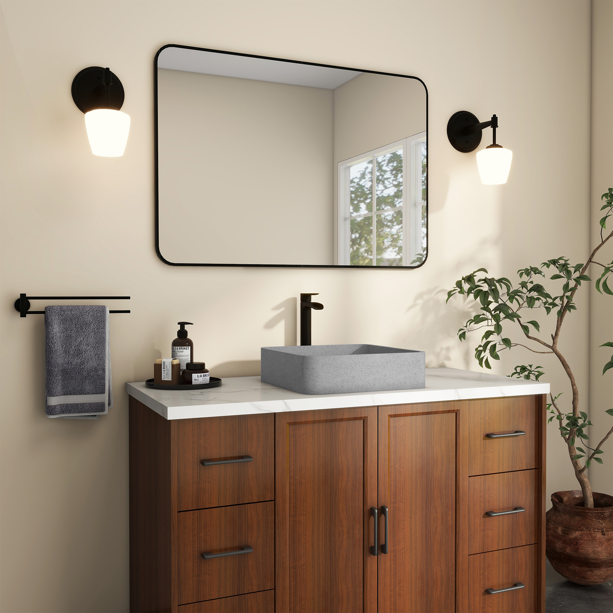 15in Bathroom Concrete Square Vessel Sink with Drainer in Mottled Bluish Grey / Cold Concrete Grey / Taupe Clay