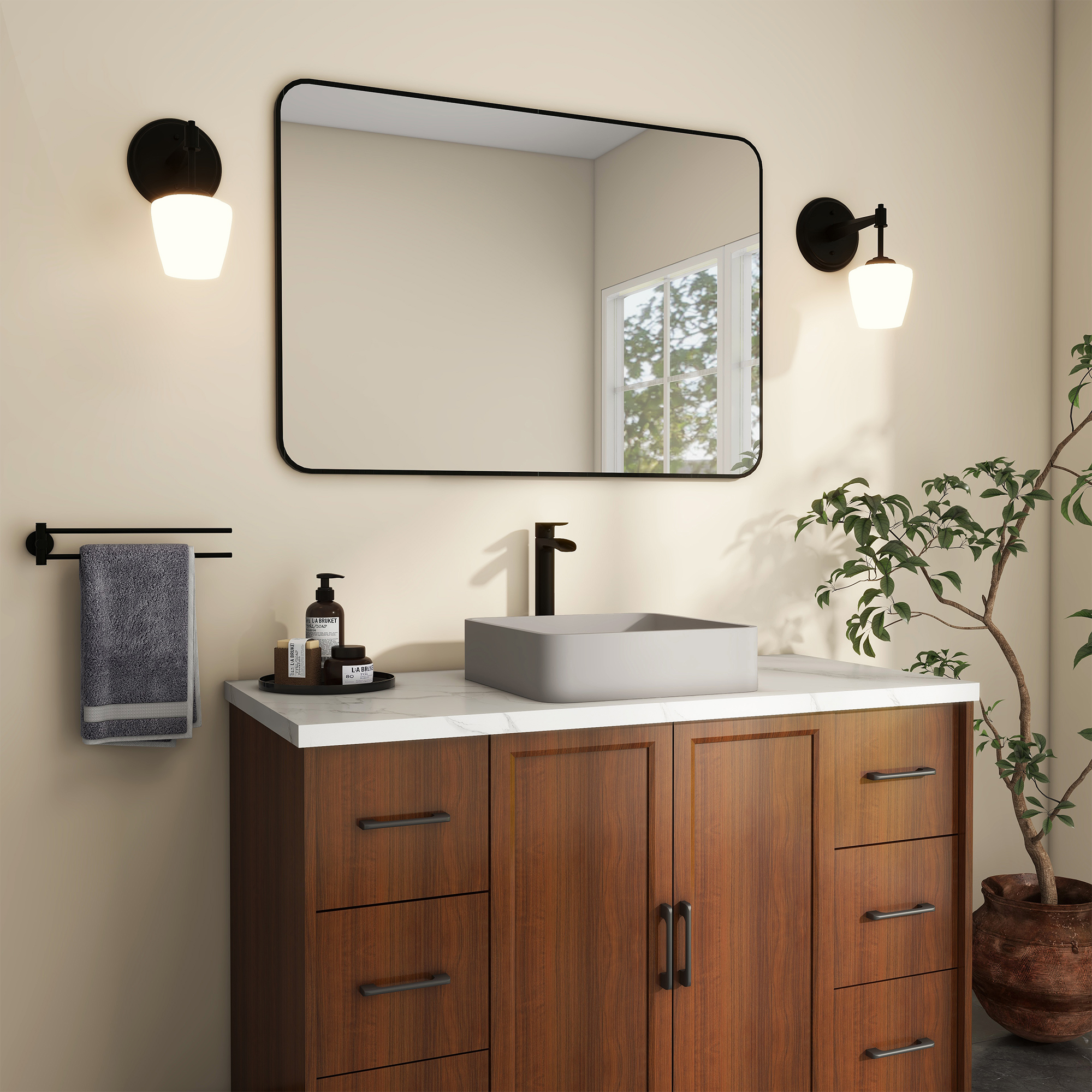 15in Bathroom Concrete Square Vessel Sink with Drainer in Mottled Bluish Grey / Cold Concrete Grey / Taupe Clay