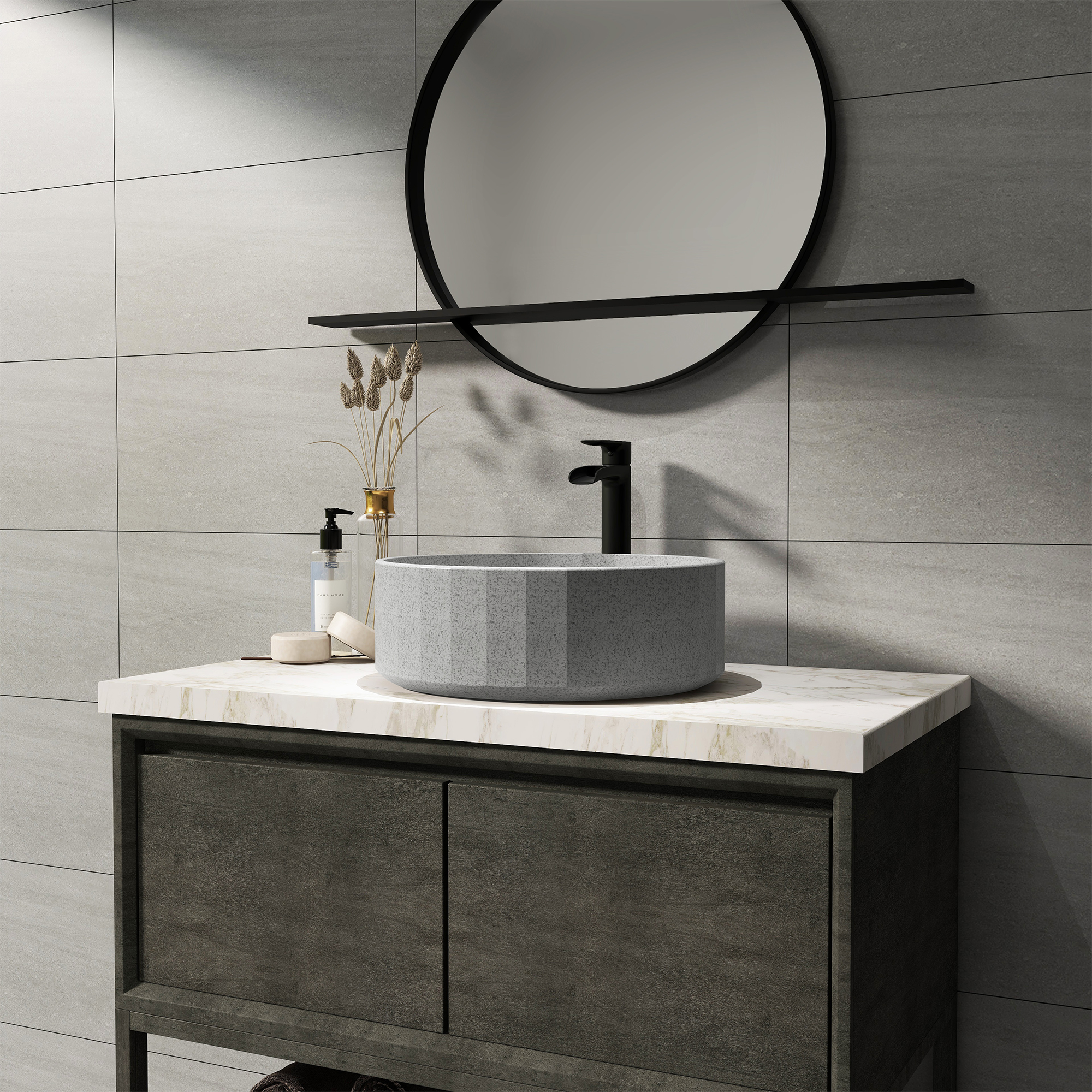 17in Bathroom Concrete Round Vessel Sink with Drainer in Black Earth / Mottled Bluish Grey / Taupe Clay