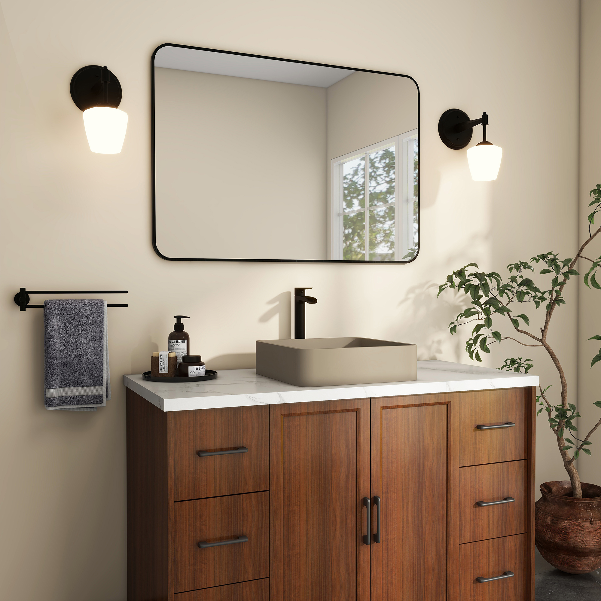 15in Bathroom Concrete Square Vessel Sink with Drainer in Mottled Bluish Grey / Cold Concrete Grey / Taupe Clay