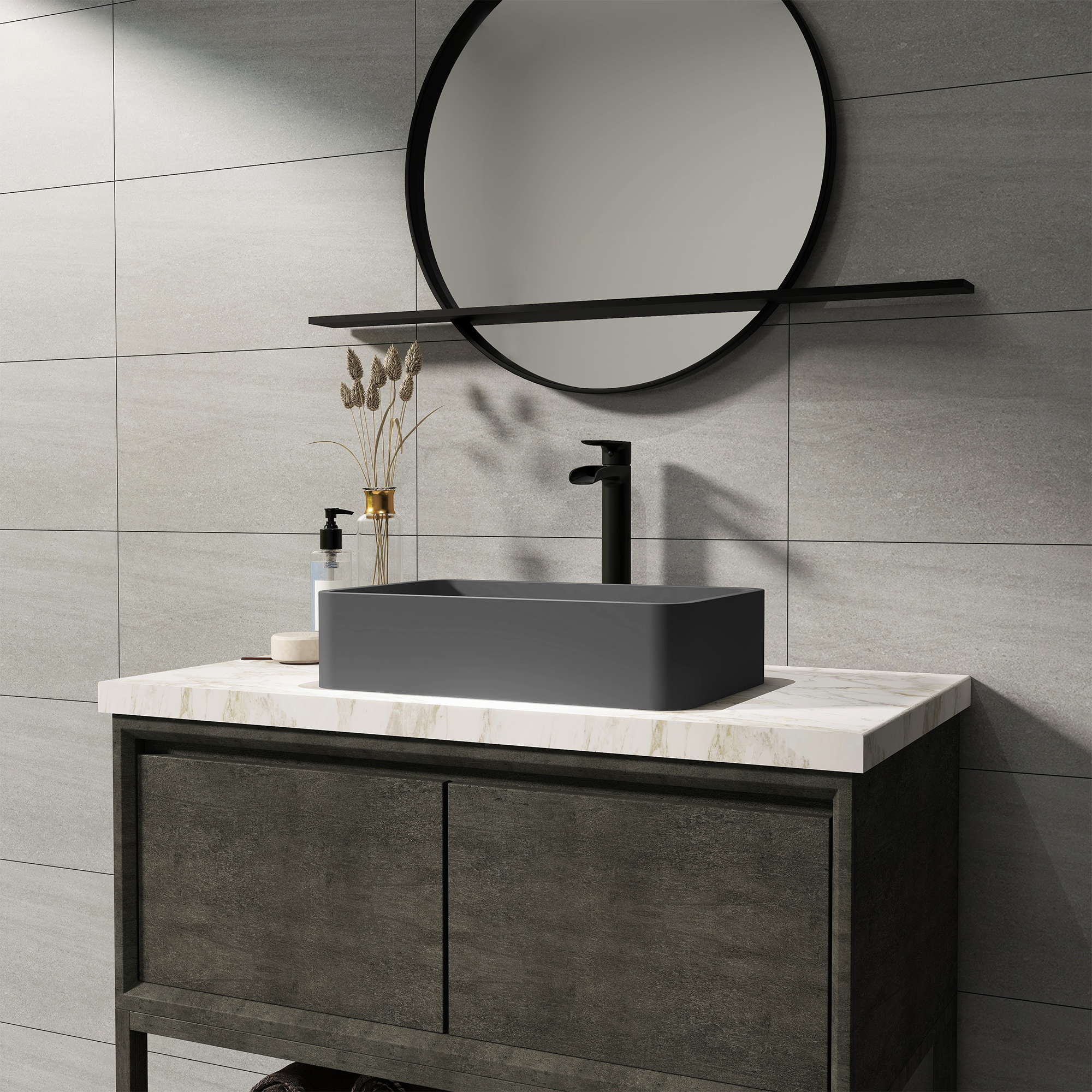 19in Bathroom Concrete Rectangular Vessel Sink with Drainer in Black Earth / Blue Ashes / Taupe Clay
