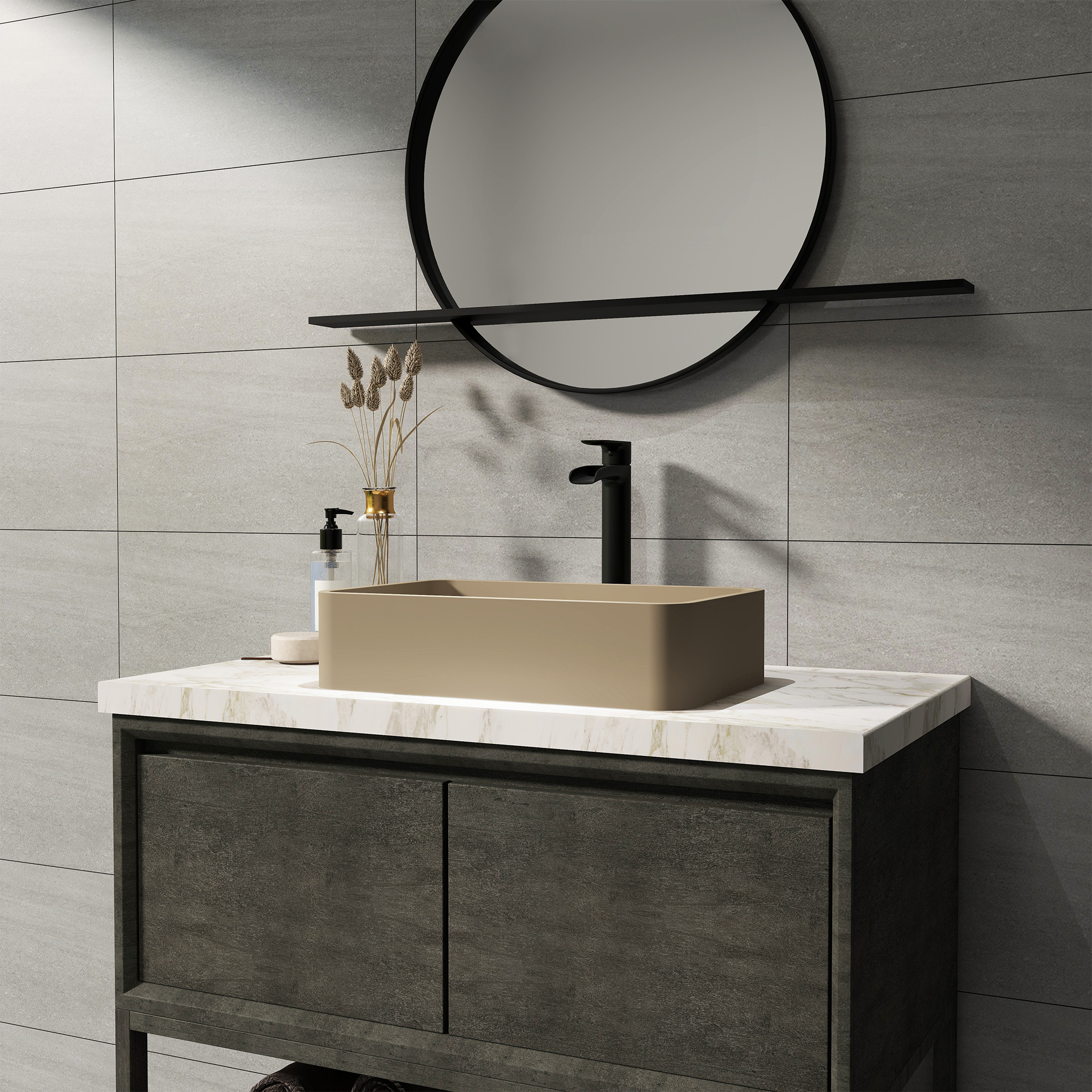 19in Bathroom Concrete Rectangular Vessel Sink with Drainer in Black Earth / Blue Ashes / Taupe Clay