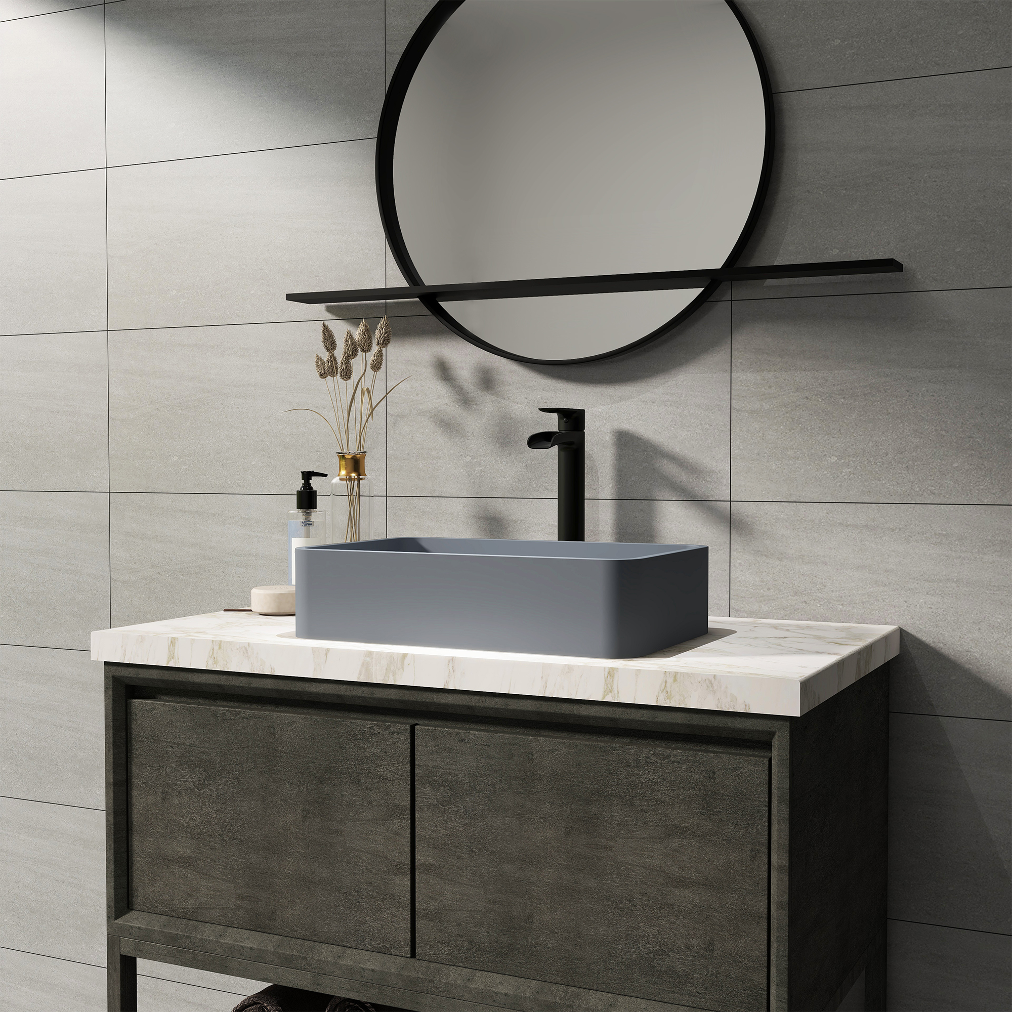 19in Bathroom Concrete Rectangular Vessel Sink with Drainer in Black Earth / Blue Ashes / Taupe Clay