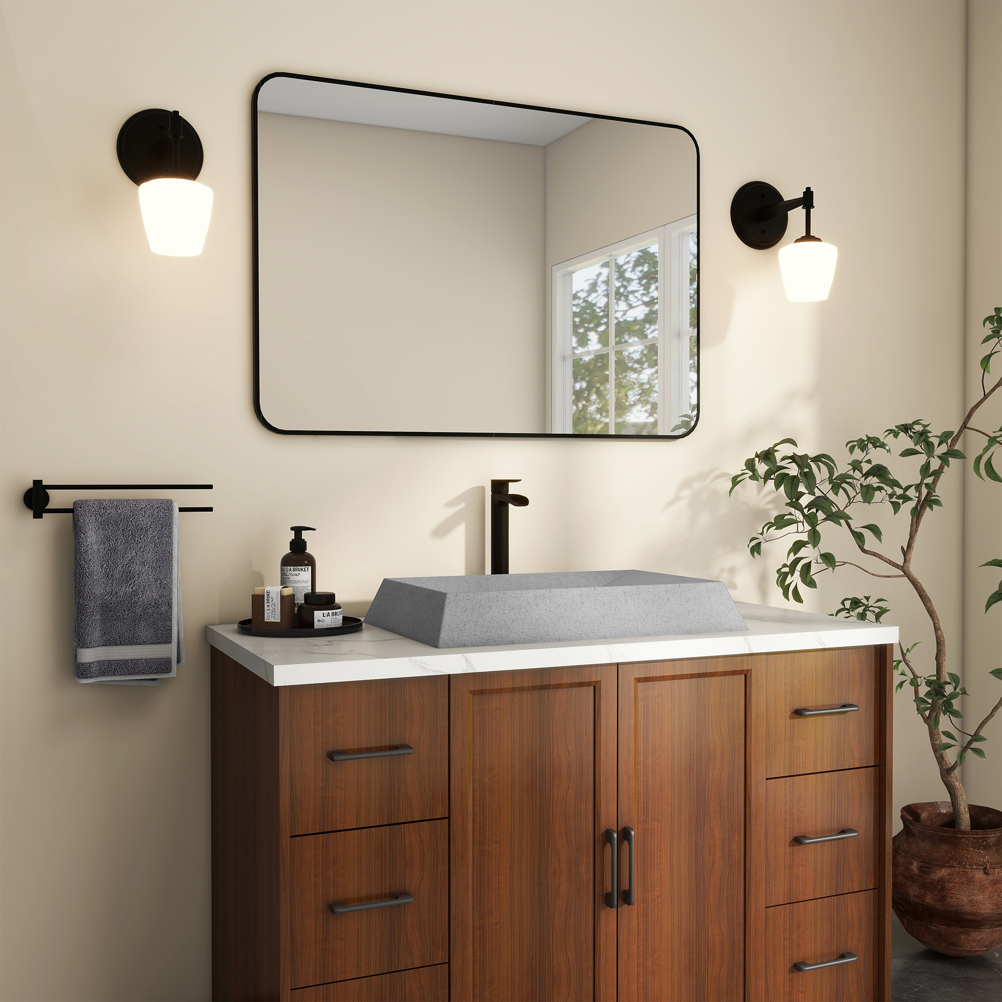 27in Bathroom Concrete Rectangular Vessel Sink with Drainer in Mottled Bluish Grey / Black Earth / Taupe Clay