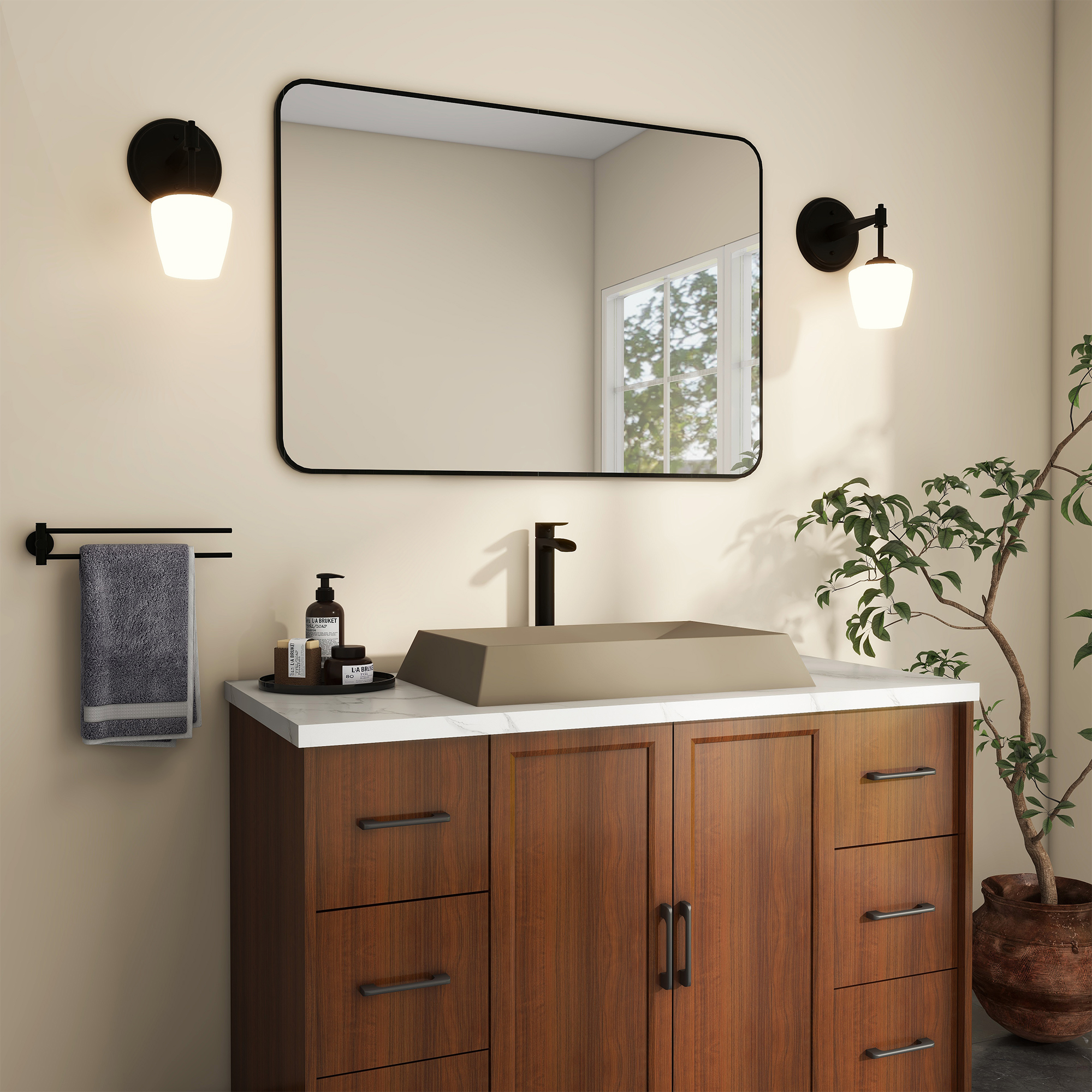 27in Bathroom Concrete Rectangular Vessel Sink with Drainer in Mottled Bluish Grey / Black Earth / Taupe Clay