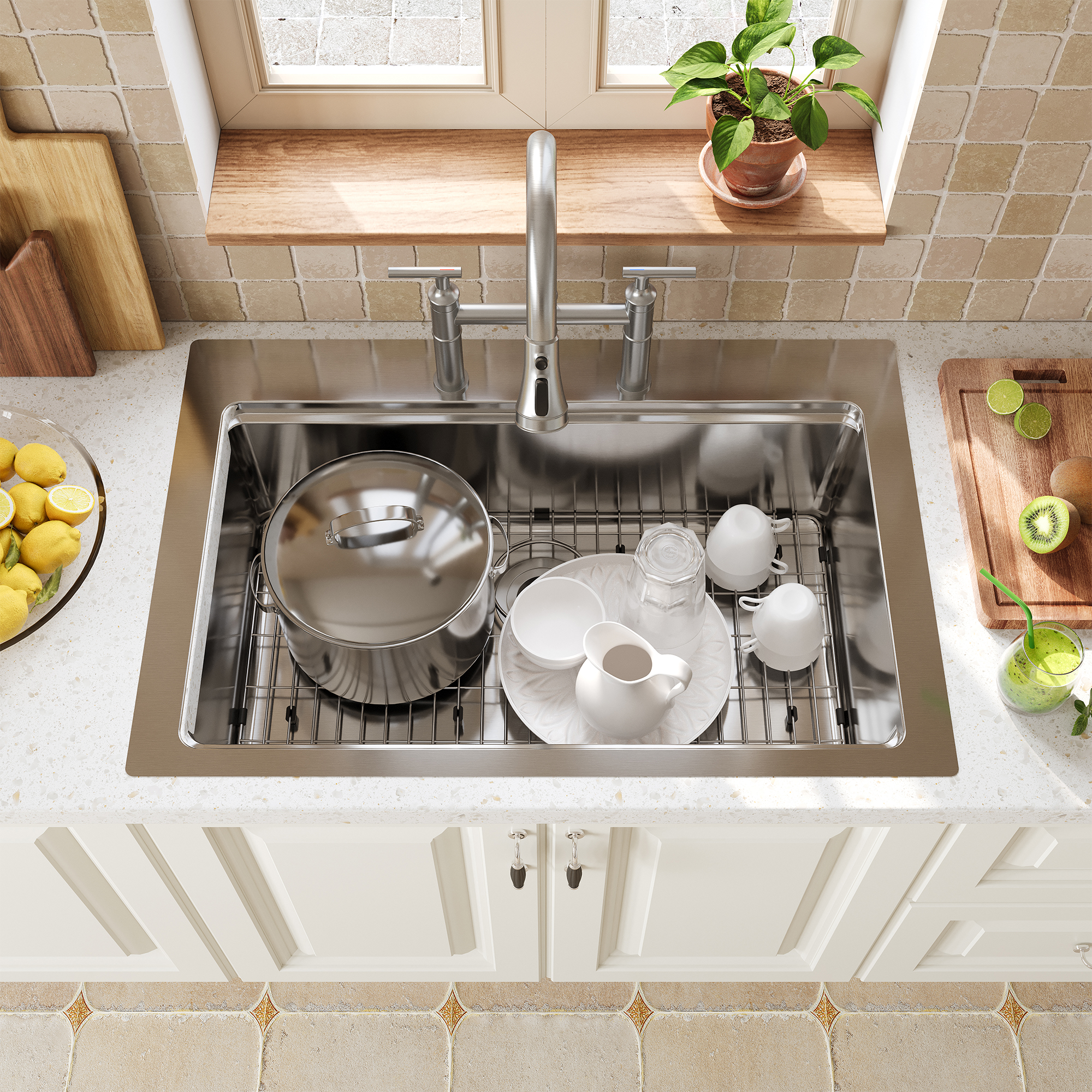 33inch 3-Hole Single Bowl Stainless Steel Drop-in Workstation Kitchen Sink with Accessories