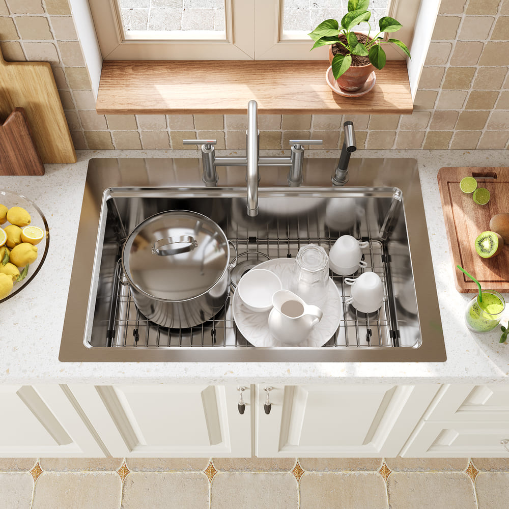 33inch 4-Hole Single Bowl Stainless Steel Drop-in Workstation Kitchen Sink with Accessories