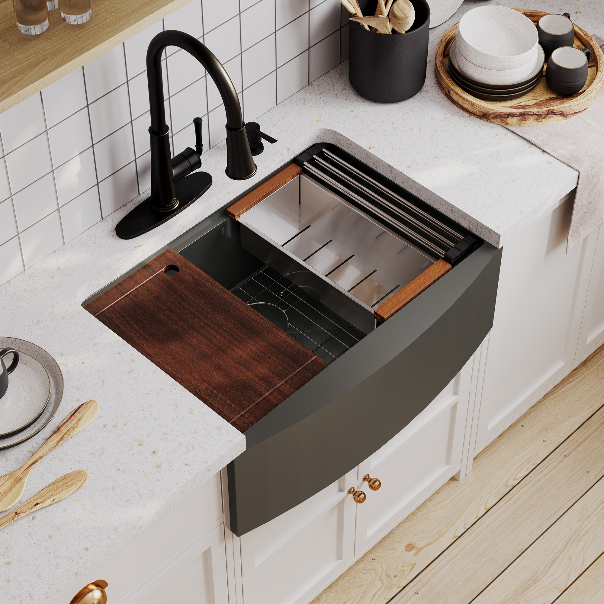 Farmhouse Stainless Steel 30/33/36 inch Single Bowl Kitchen Sink in Nano PVD Gunmetal Black