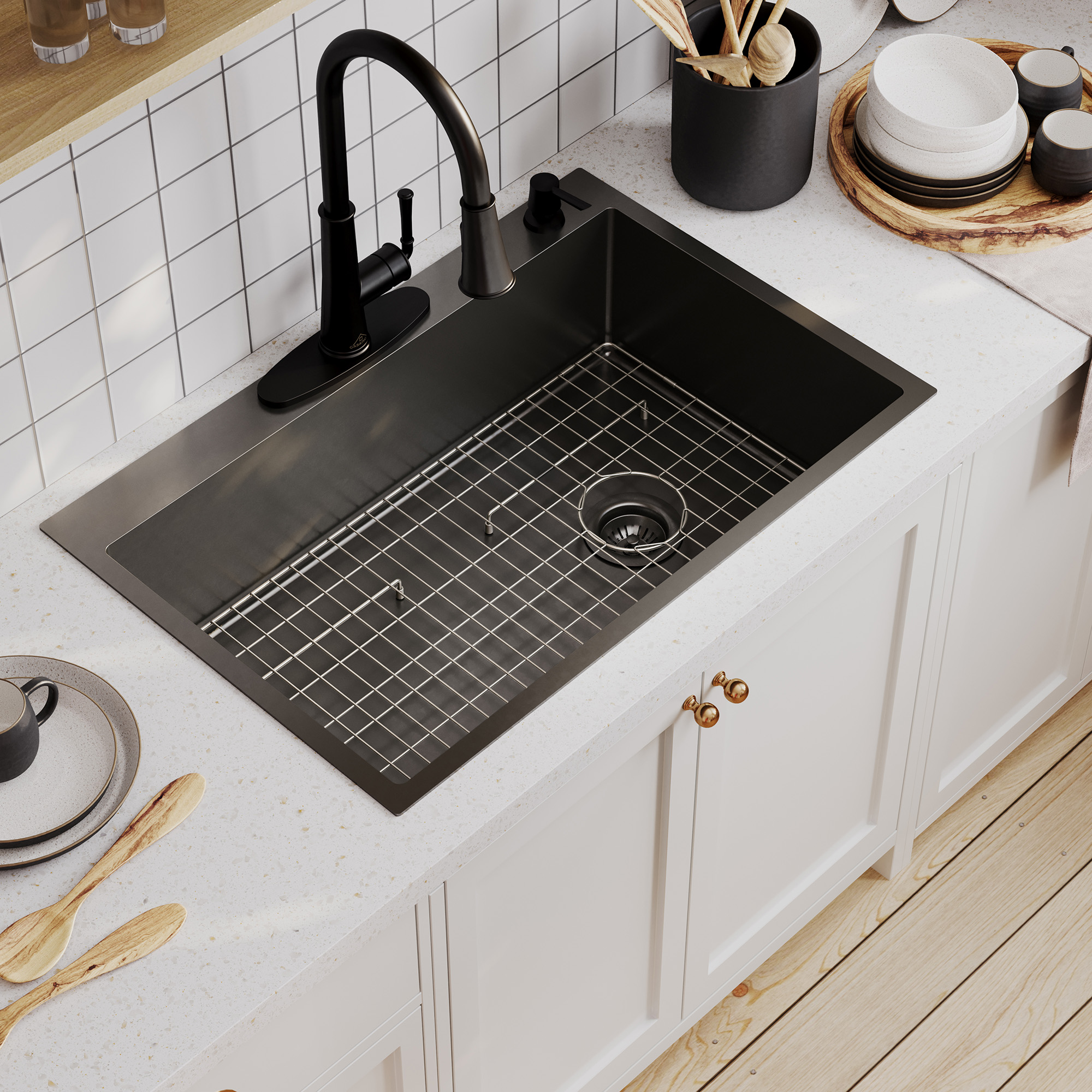 Drop-In Stainless Steel 33-inch 1-Hole Single Bowl Kitchen Sink in Nano PVD Gun Gray