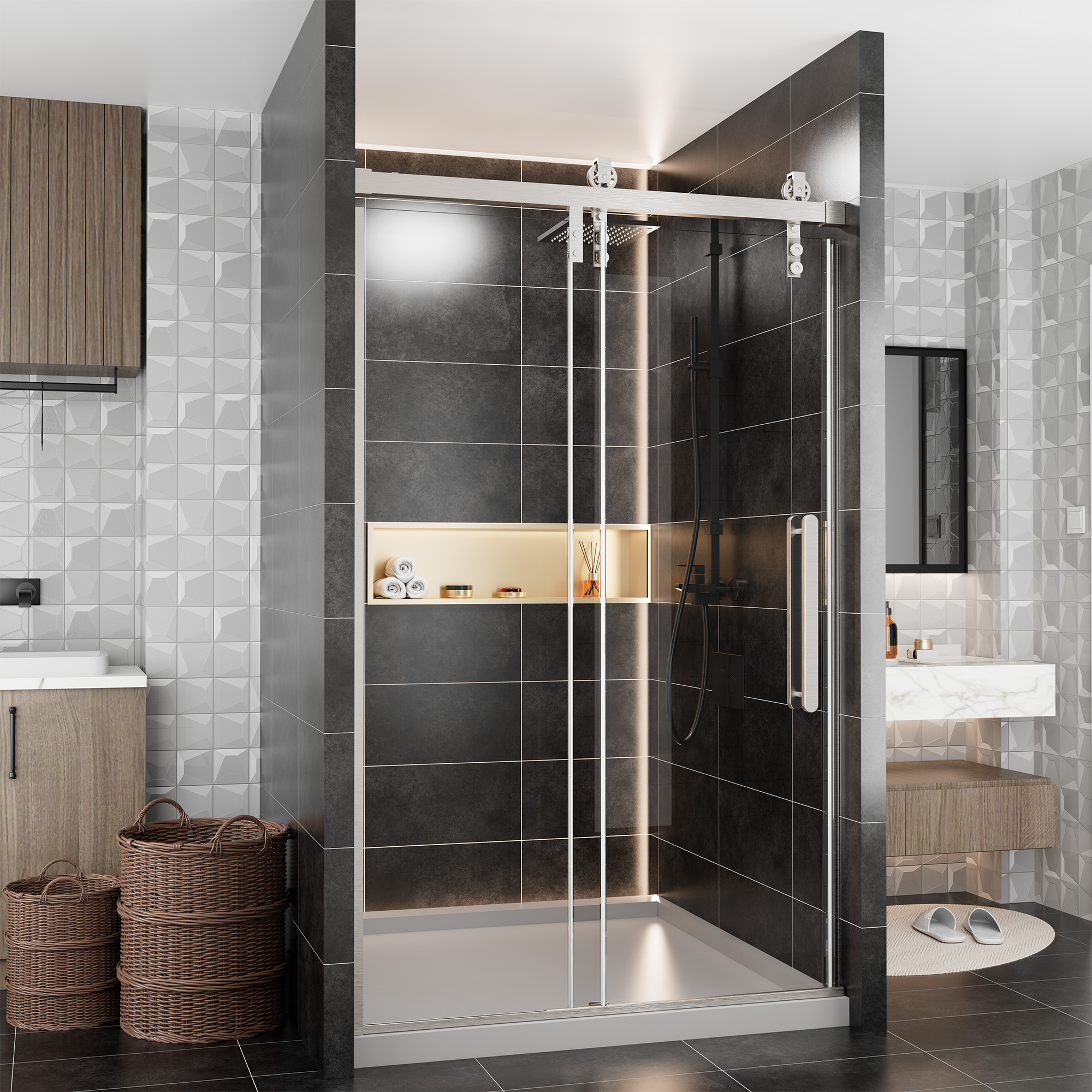 48.6  in. W x 76 in. H Framed Shower Door in Matte Black with Tempered Glass