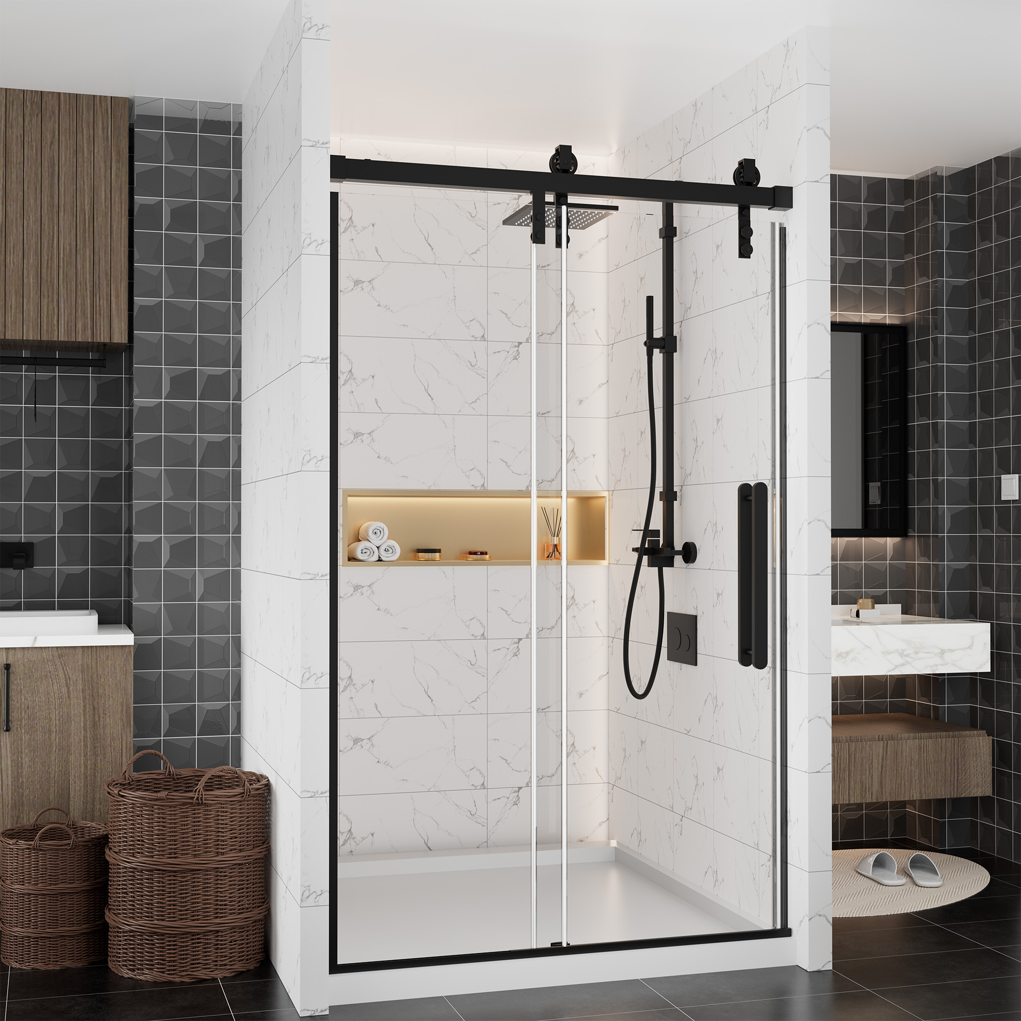 48.6  in. W x 76 in. H Framed Shower Door in Matte Black with Tempered Glass