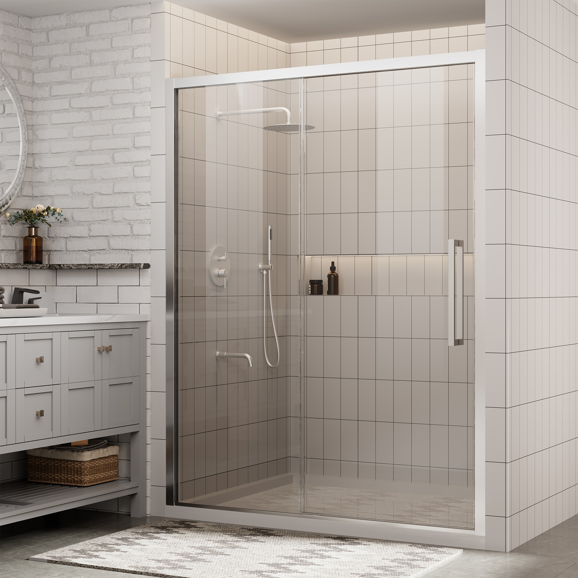 60"x76" Framed Shower Door with Cushioned Single Slide in Brushed Nickel/Chromed/Matte Black, SGCC-certified Tempered Shower Glass