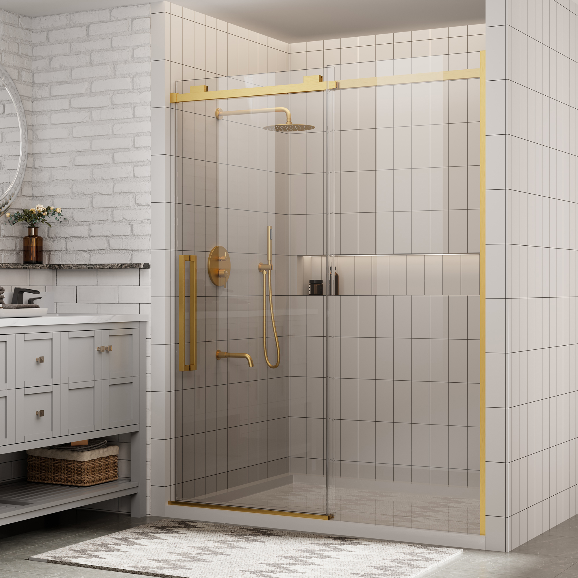 60"x76" Frameless Shower Door with Cushioned Single Slide in Brushed Nickel/Chromed/Matte Black/Brushed Gold, SGCC-certified Tempered Shower Glass