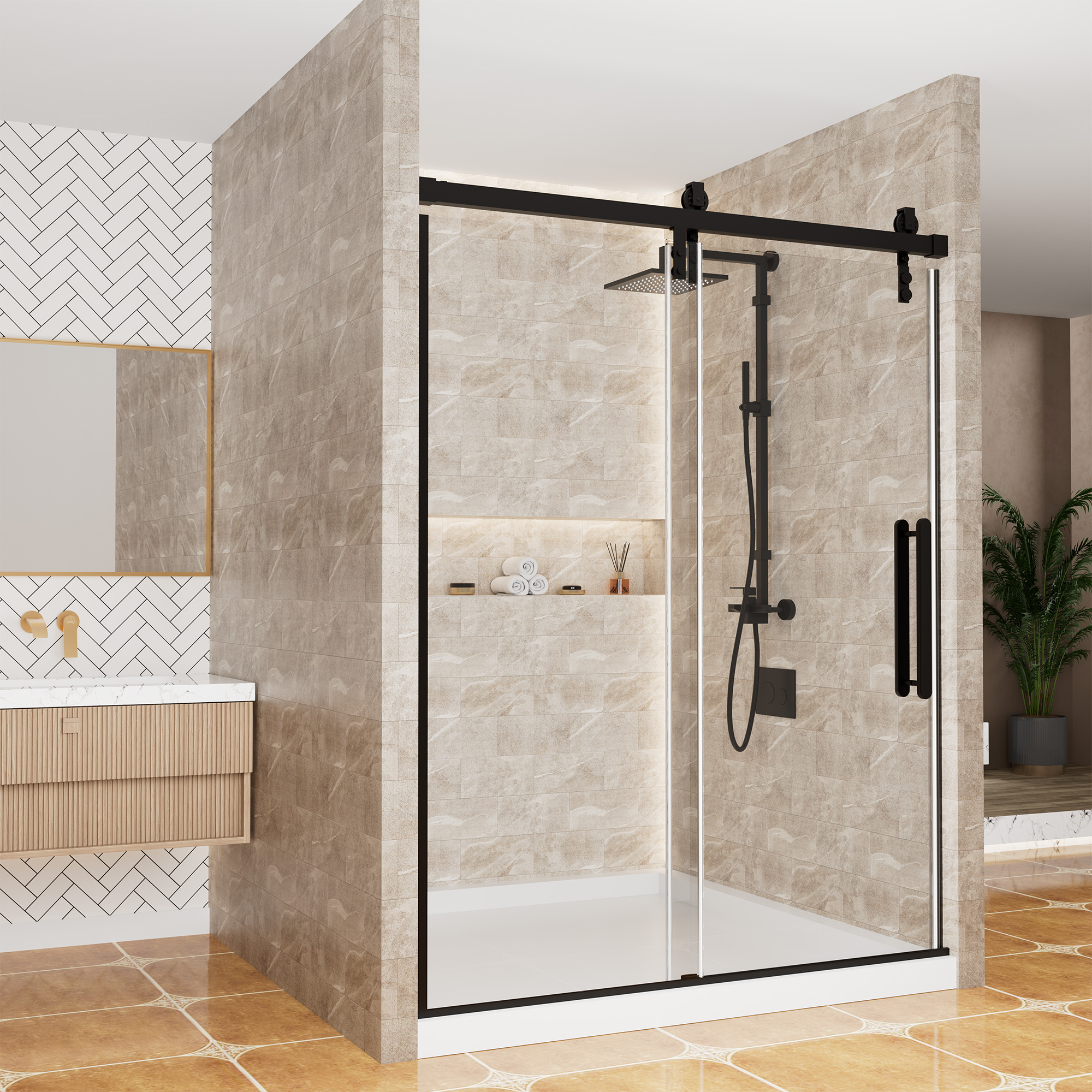 60.6  in. W x 76 in. H Framed Shower Door in Matte Black with Tempered Glass