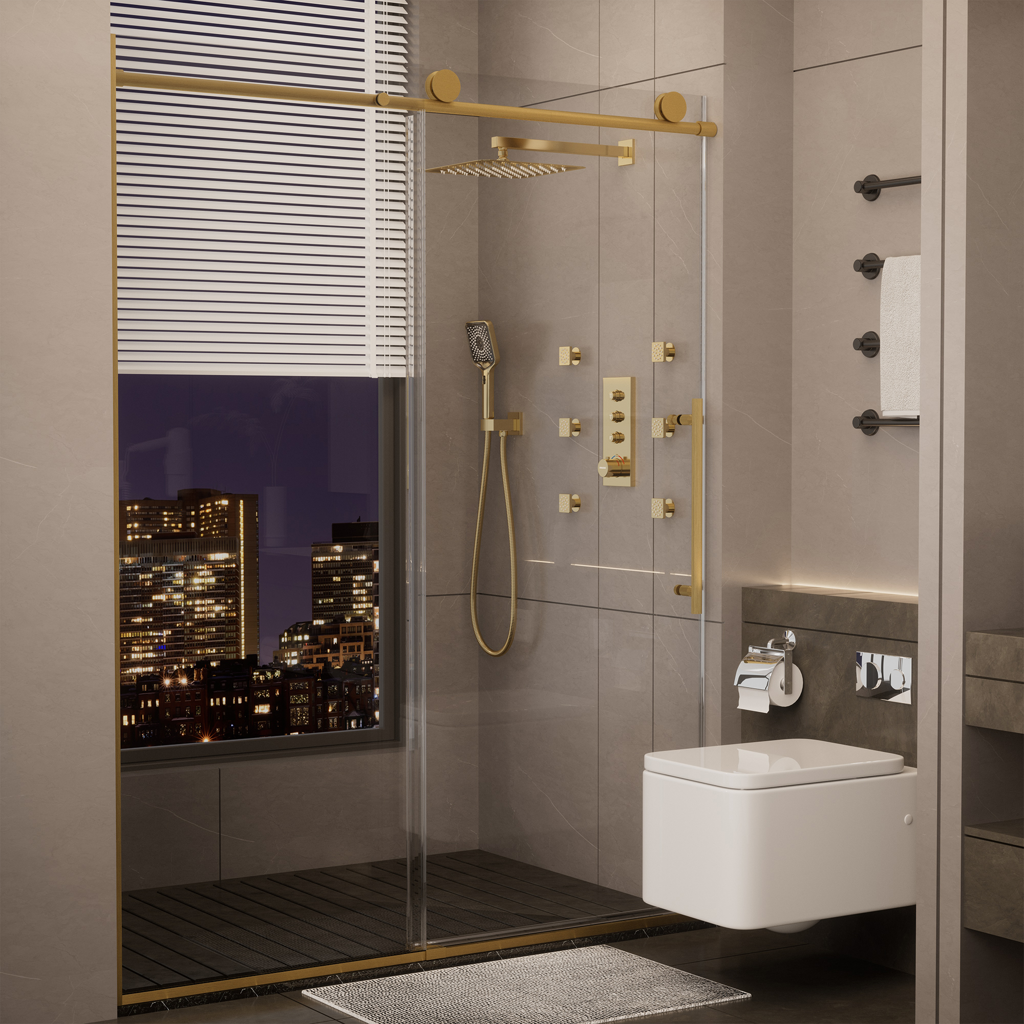 60"x76" Frameless Laminated Layer Glass Shower Door with Cushioned Single Slide Enclosure in Chrome/Brushed Gold