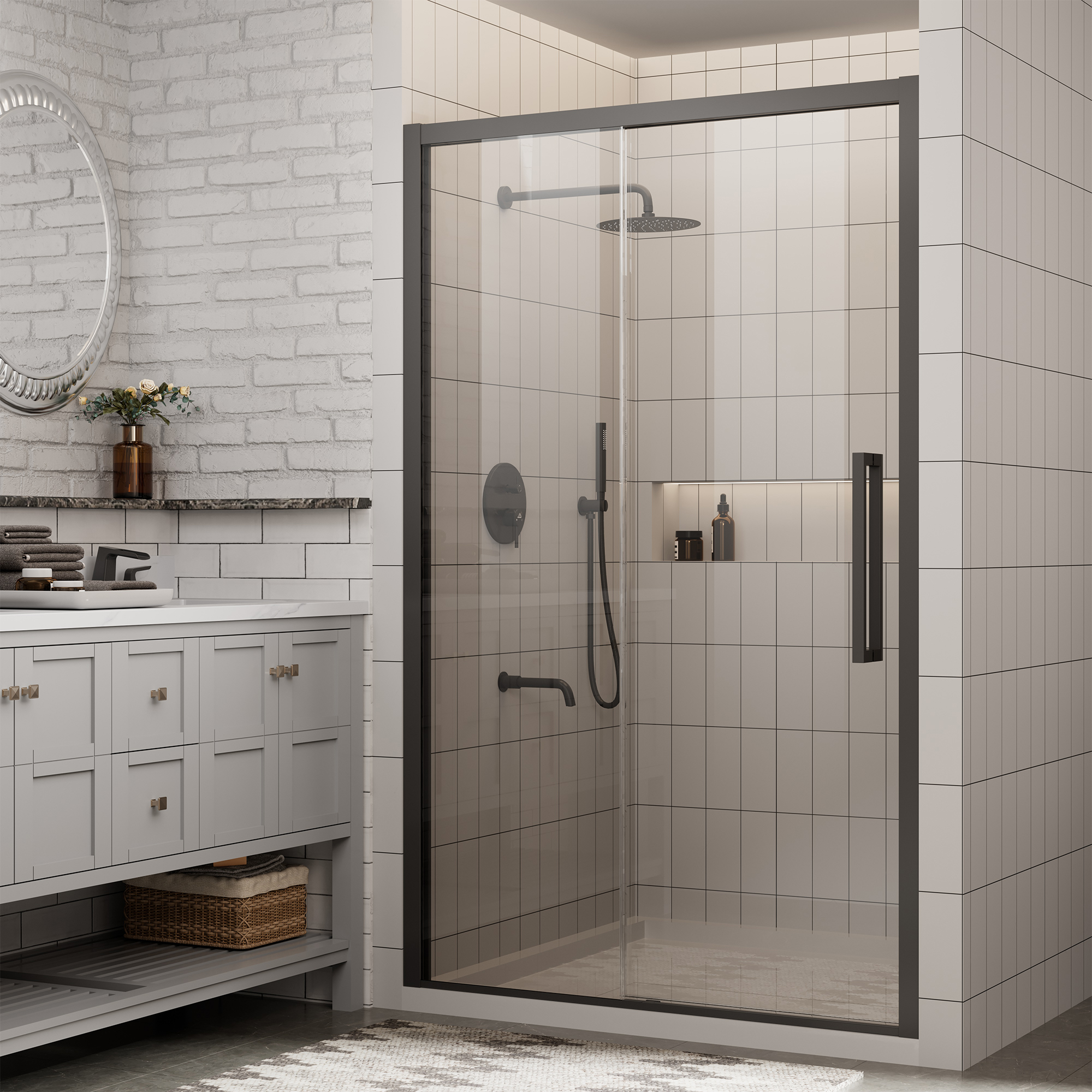 48"x76" Framed Shower Door with Cushioned Single Slide in Brushed Nickel/Chromed/Matte Black, 0.32 inch SGCC-certified Tempered Shower Glass