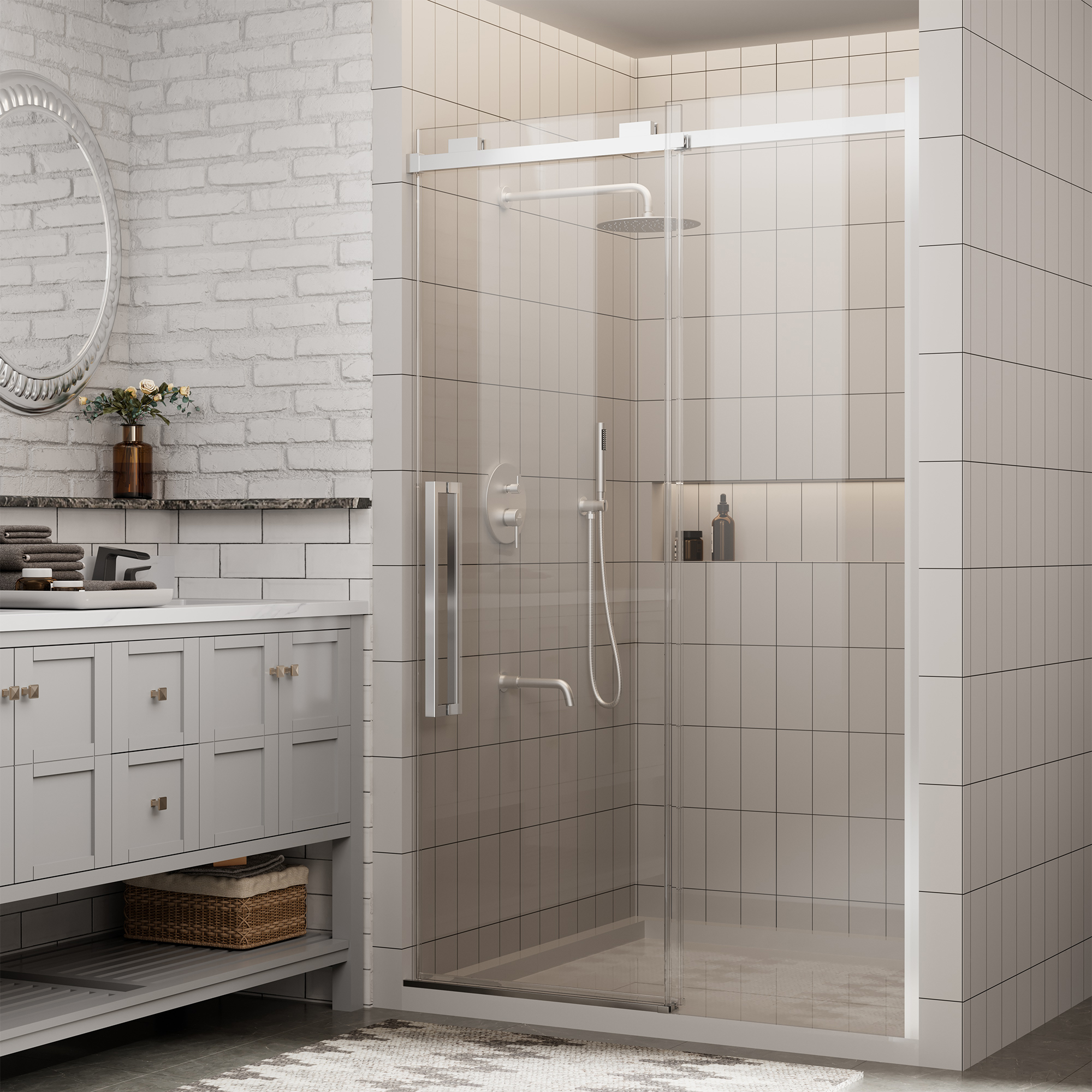 48"x76" Frameless Shower Door with Cushioned Single Slide in Brushed Nickel/Chromed/Matte Black/Brushed Gold, 0.39 inch SGCC-certified Tempered Shower Glass