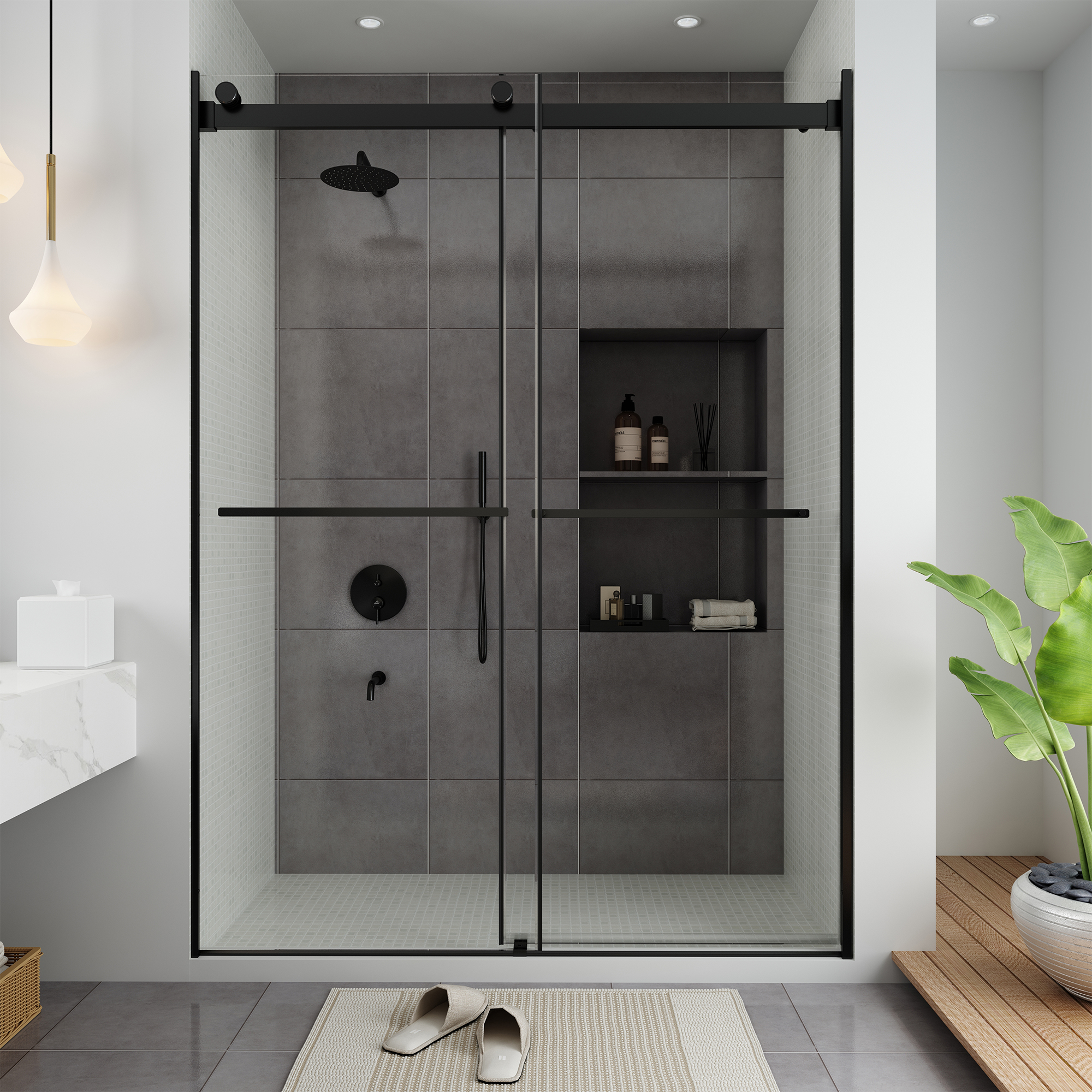 60"x76" Frameless Double Sliding Shower Door in Chrome/Brushed Nickel/Matte Black