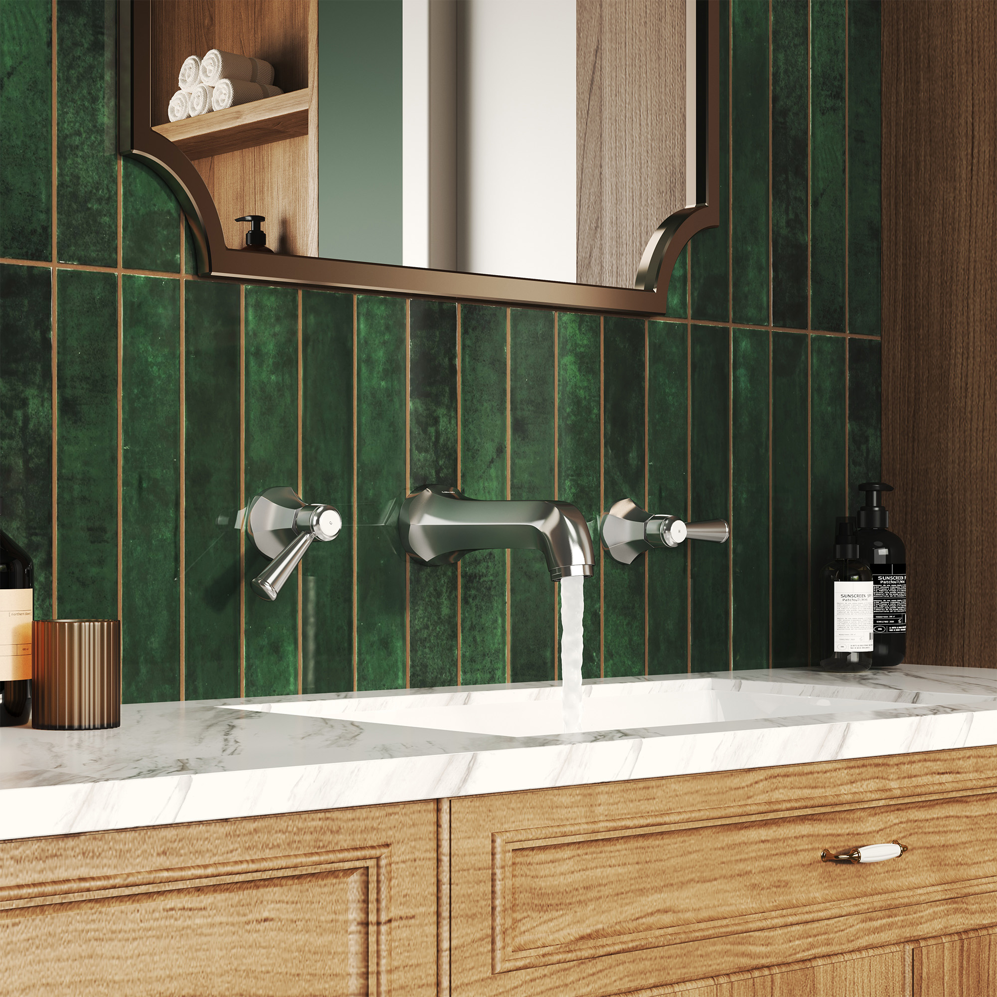 Polished Nickel Dual Handle Wall Mounted Bathroom Faucet - HEXAGON