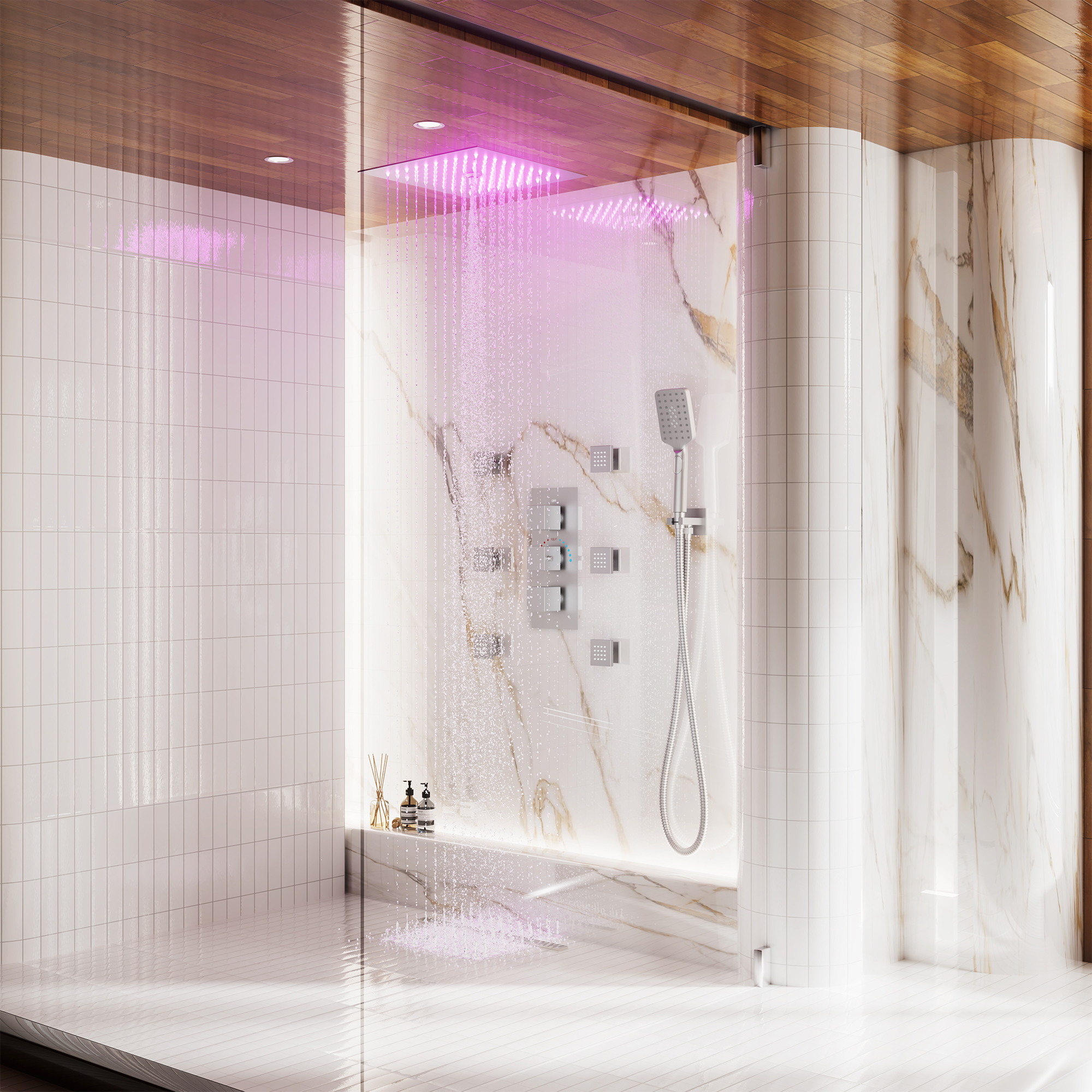 Thermostatic 4-Function LED Luxury Shower System with 12" Rainfall Showerhead