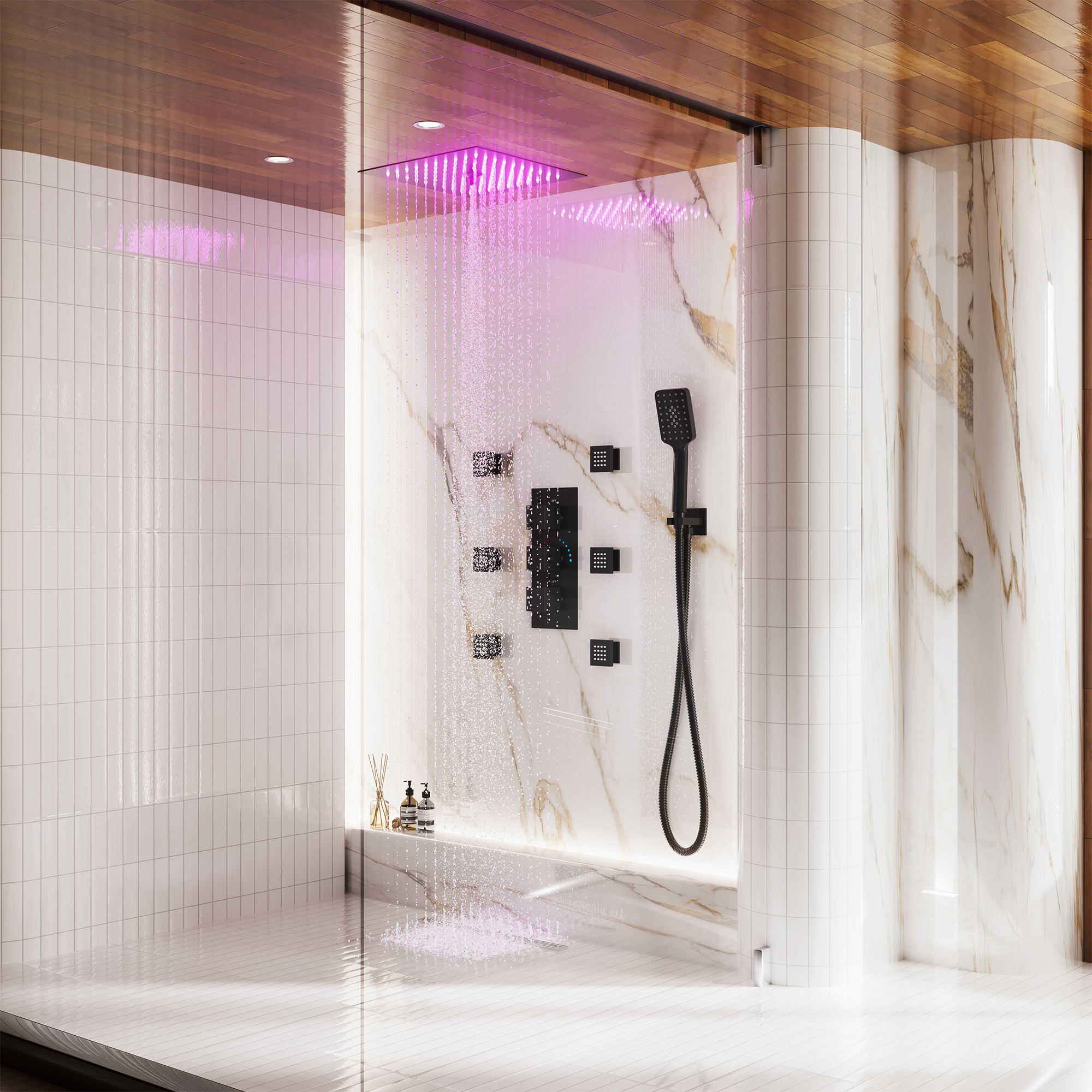 Thermostatic 4-Function LED Luxury Shower System with 12" Rainfall Showerhead