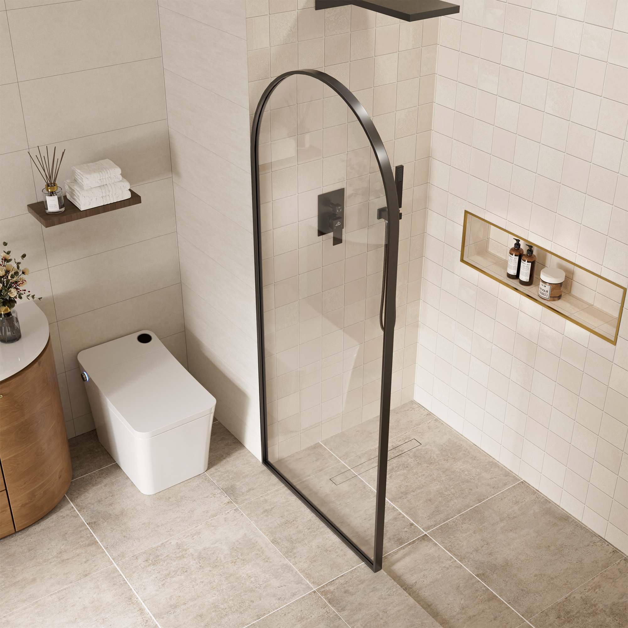 34"x78" Tempered Glass Shower Screen with Integrated Curved Frame