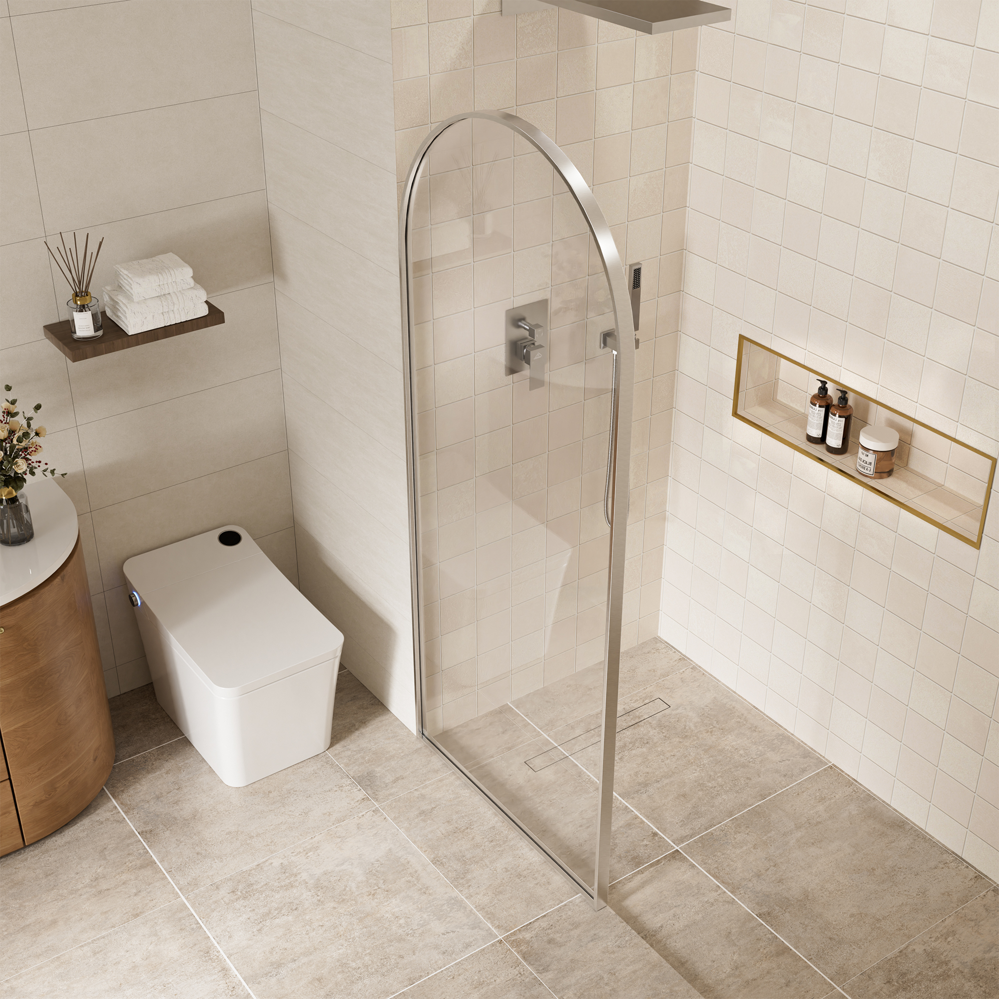 34"x78" Tempered Glass Shower Screen with Integrated Curved Frame