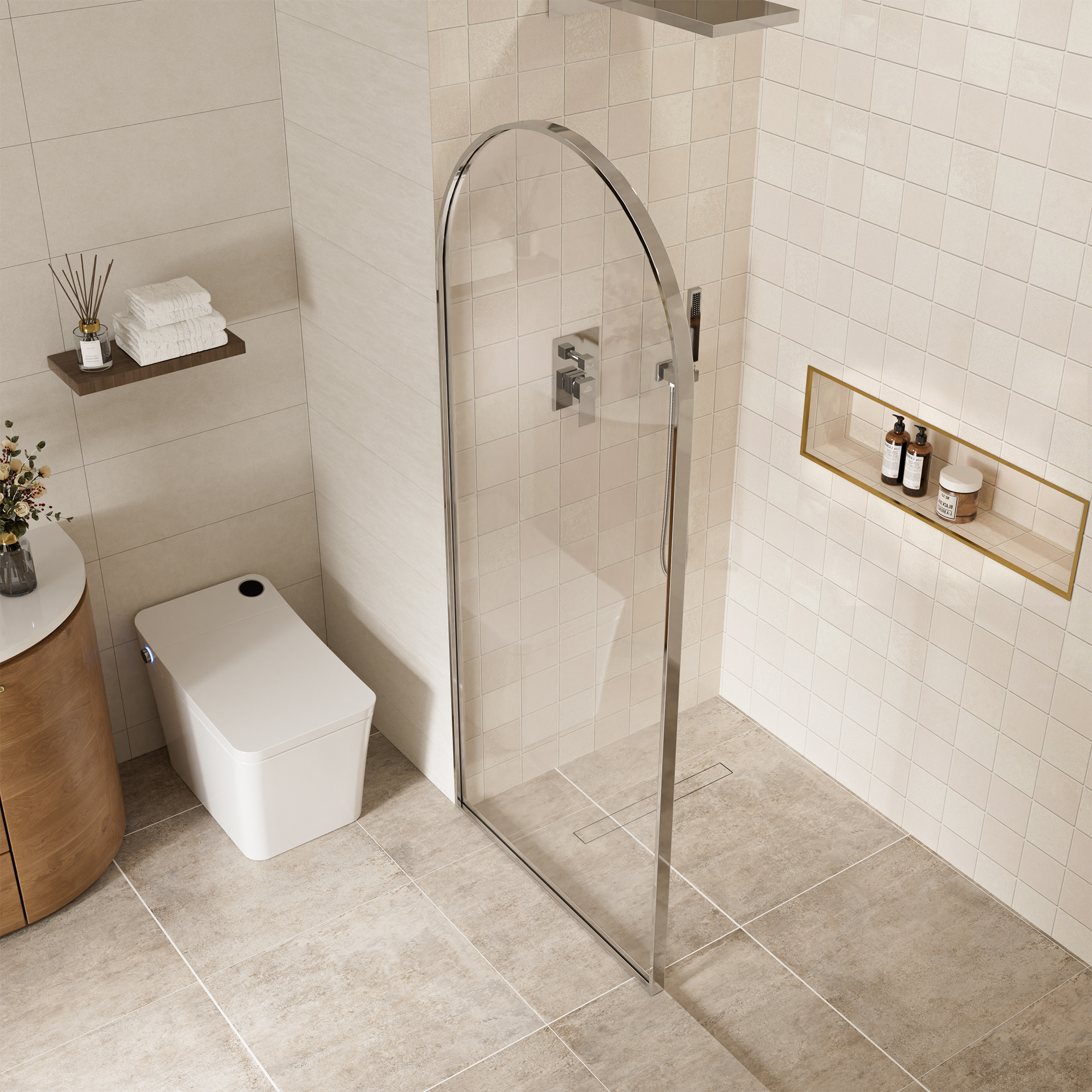 34"x78" Tempered Glass Shower Screen with Integrated Curved Frame