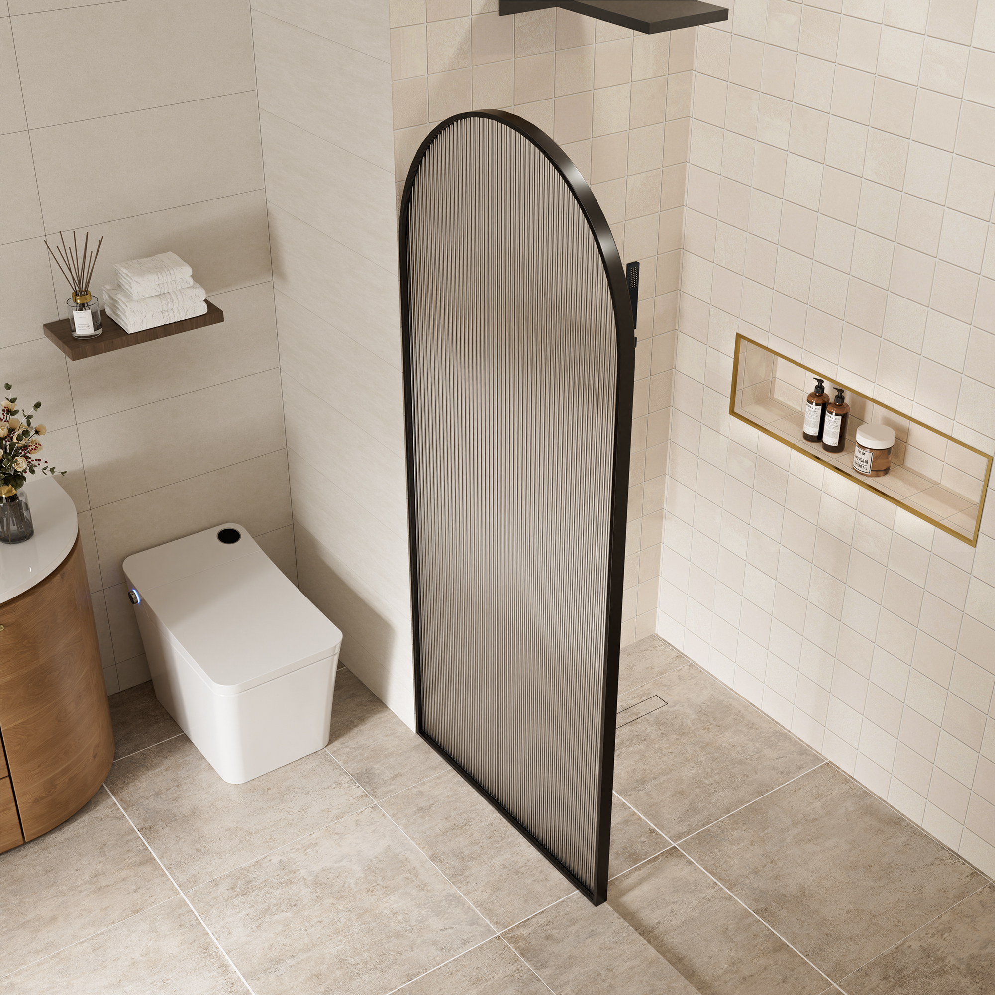 34"x78" Curved Frosted Glass Shower Screen with 10mm SGCC-Certified Tempered Glass