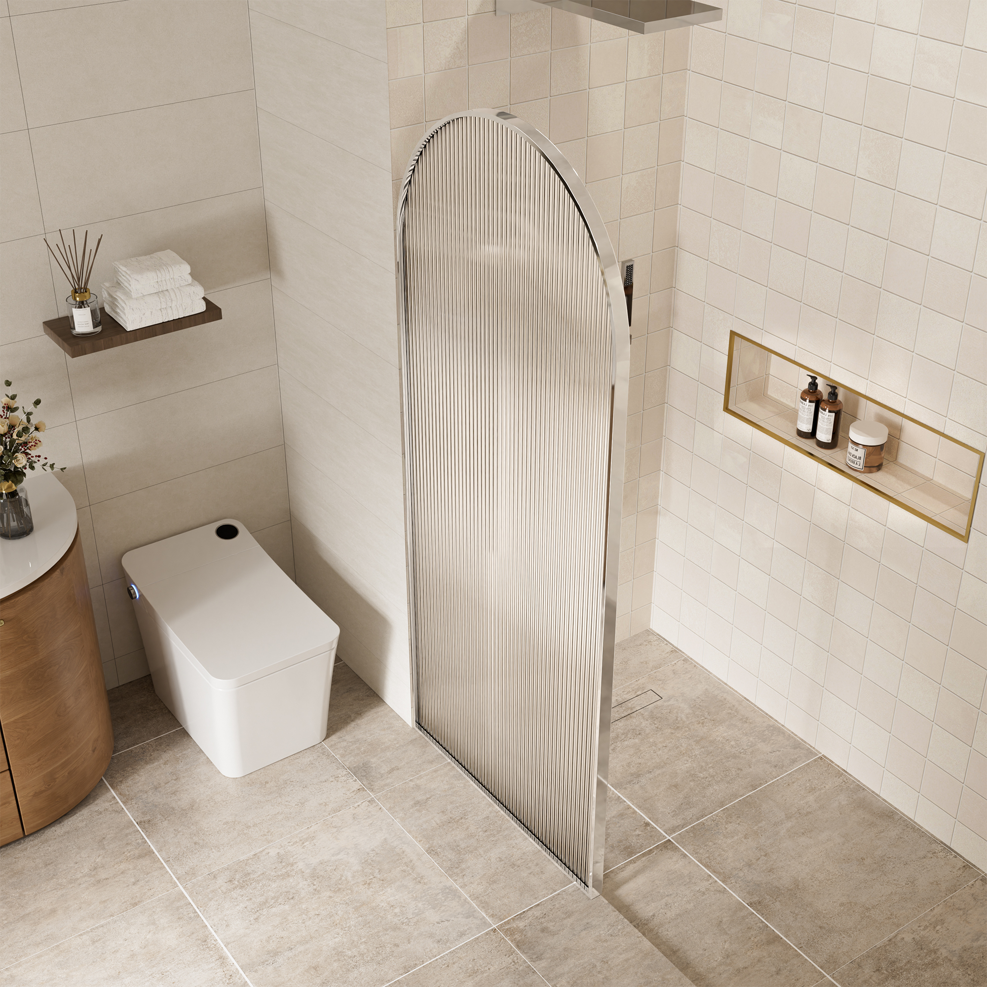 34"x78" Curved Frosted Glass Shower Screen with 10mm SGCC-Certified Tempered Glass