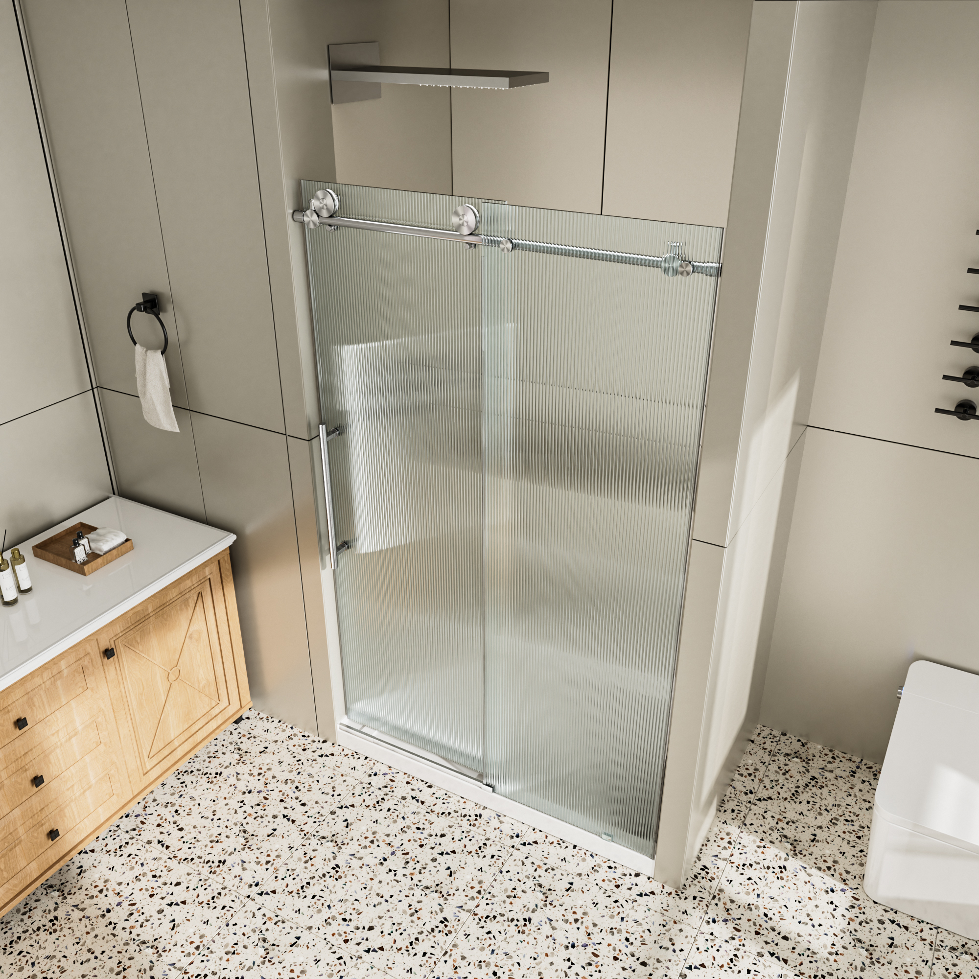 48"x76" Single Sliding Frameless Shower Door with 10mm Fluted Tempered Glass