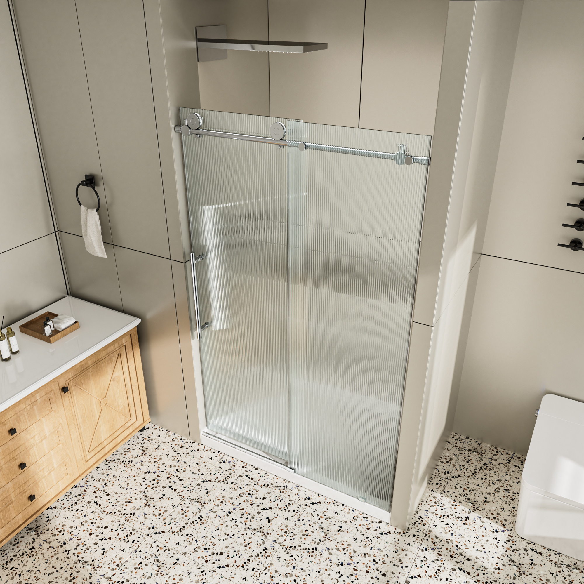 48"x76" Single Sliding Frameless Shower Door with 10mm Fluted Tempered Glass