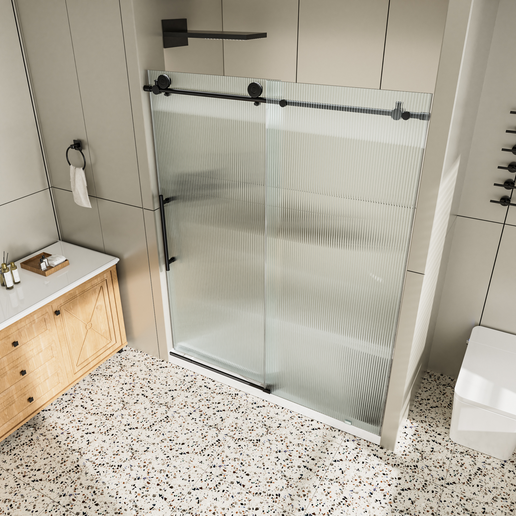 60"x76" Single Sliding Frameless Shower Door with SGCC Certified Fluted Tempered Glass