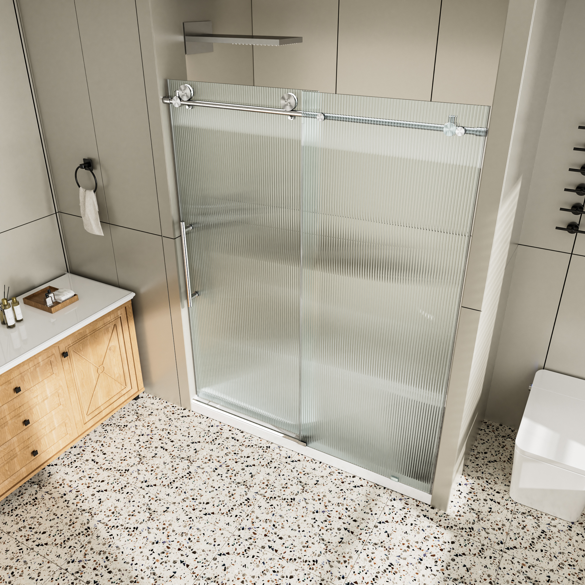 60"x76" Single Sliding Frameless Shower Door with SGCC Certified Fluted Tempered Glass