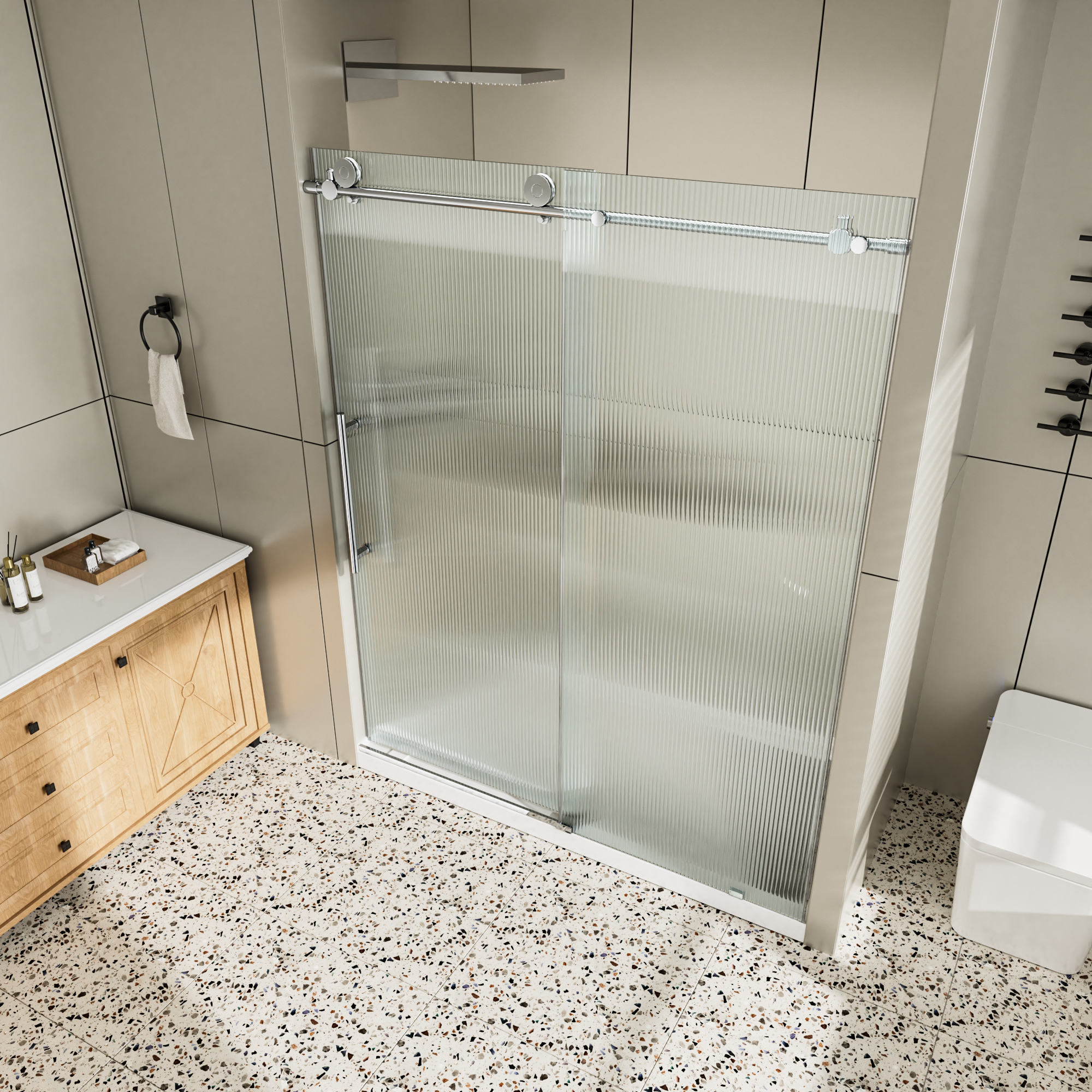 60"x76" Single Sliding Frameless Shower Door with SGCC Certified Fluted Tempered Glass