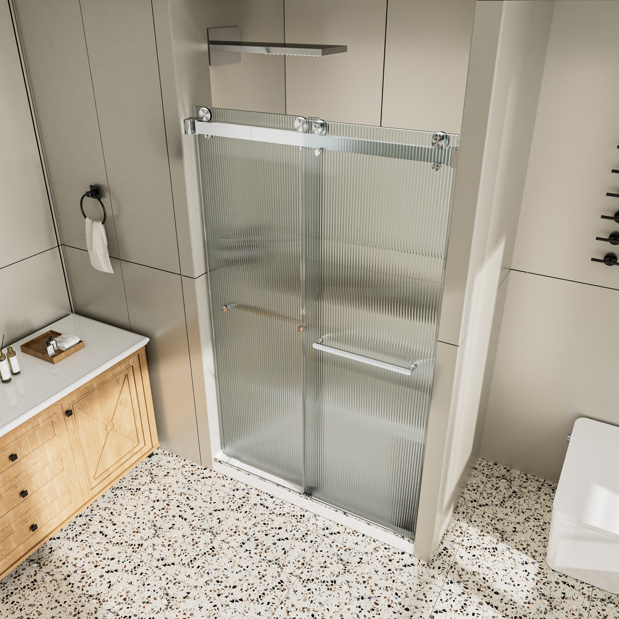 48"x76" Frameless Double Sliding Shower Door with 3/8" Fluted Glass