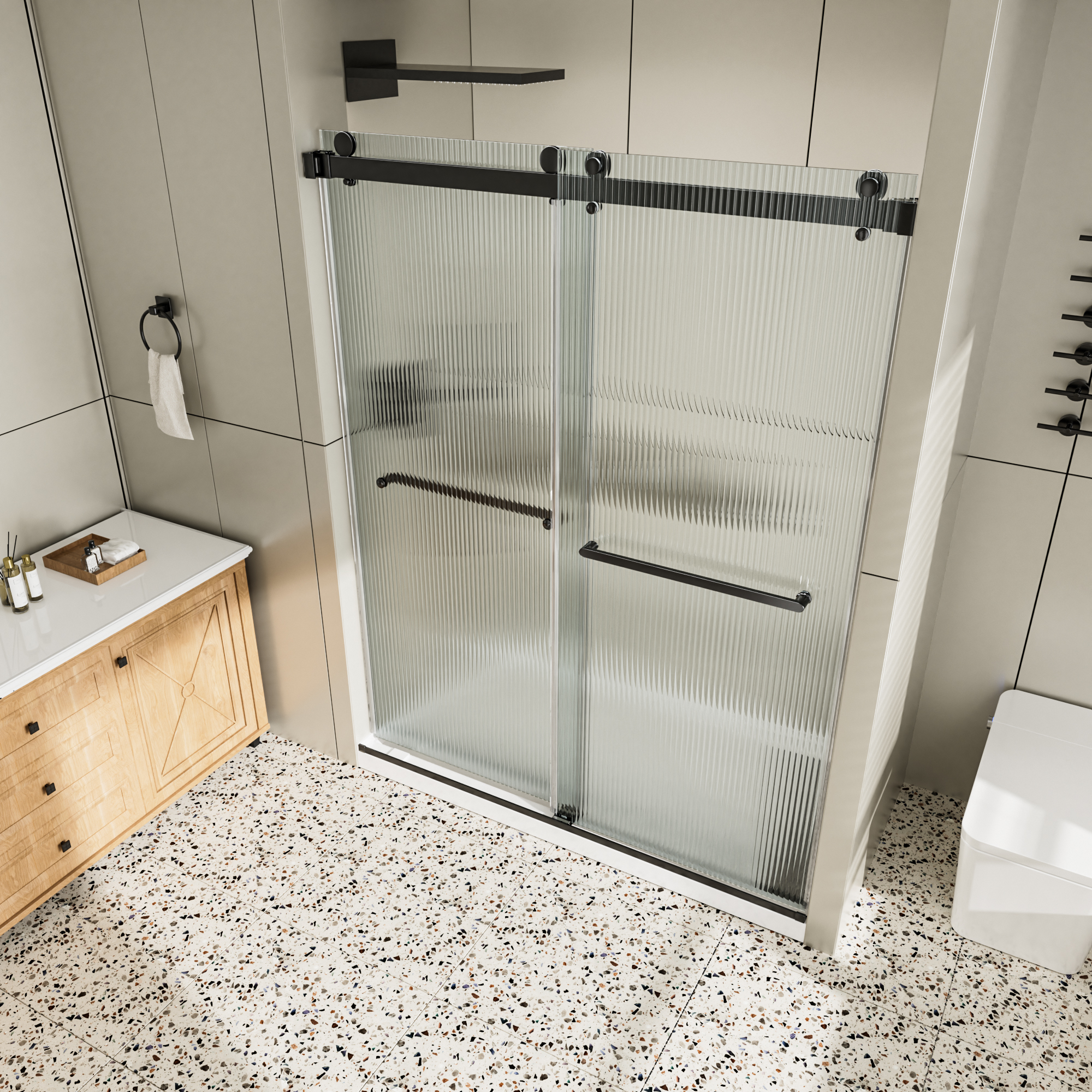 60"x76" Frameless Double Sliding Shower Door with Two Horizontal Towels