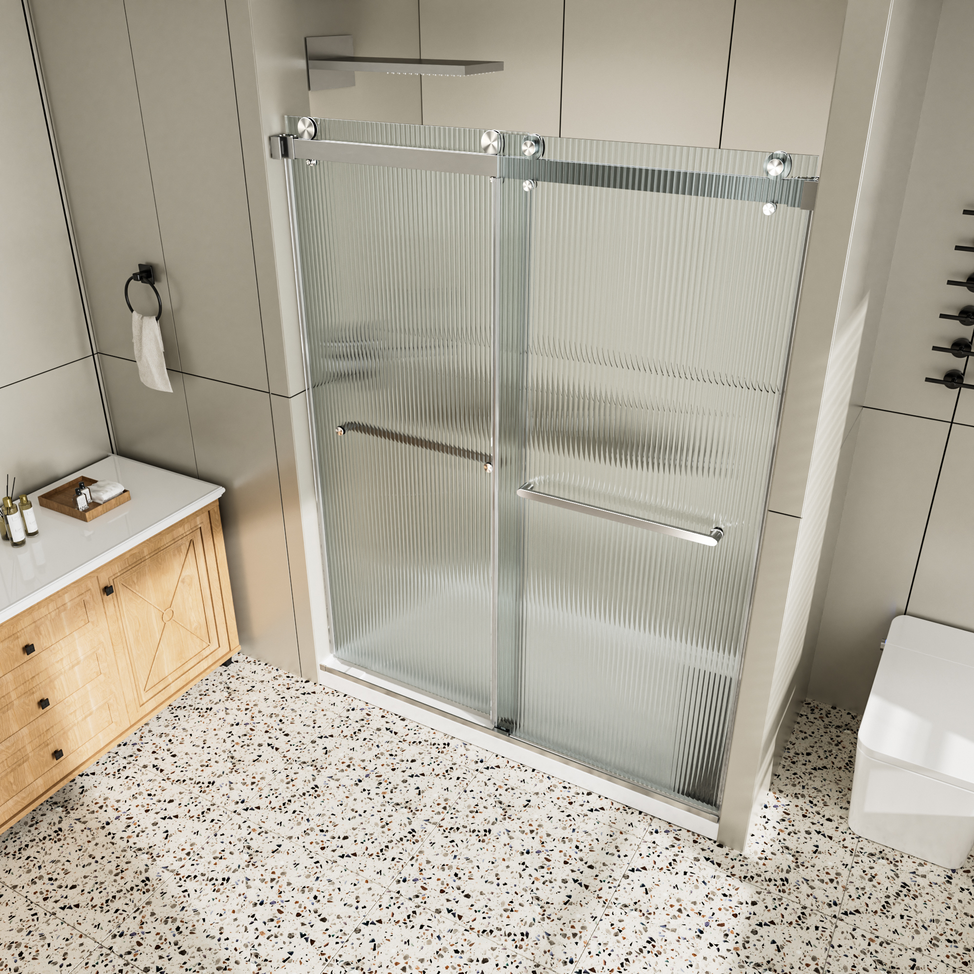 60"x76" Frameless Double Sliding Shower Door with Two Horizontal Towels