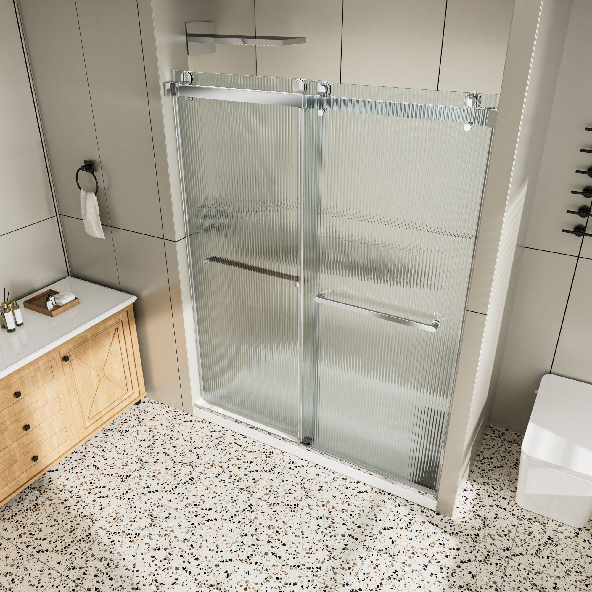 60"x76" Frameless Double Sliding Shower Door with Two Horizontal Towels