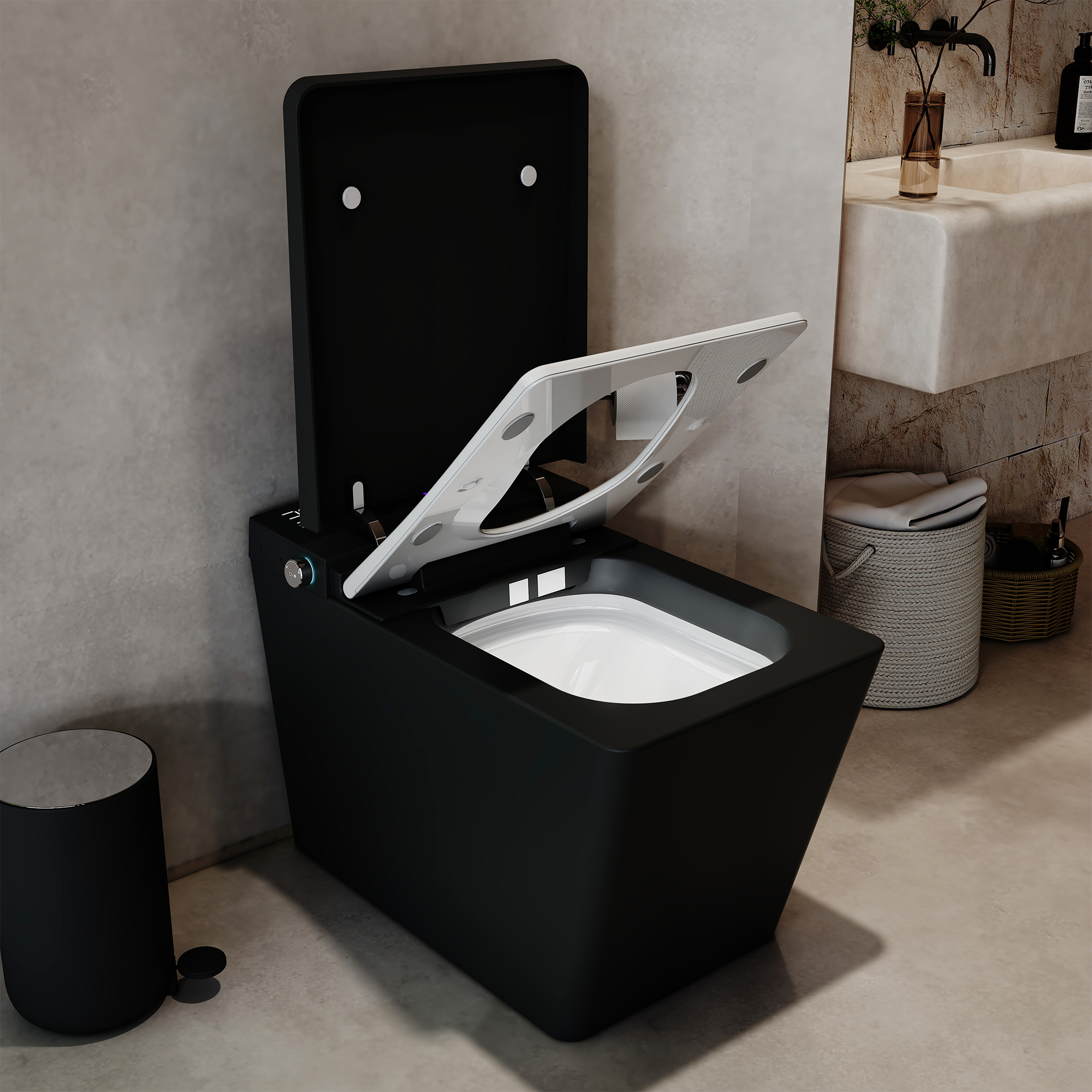 Black & White Smart Built-in Tank Bidet Toilet with Foot-Touch Lid Opening