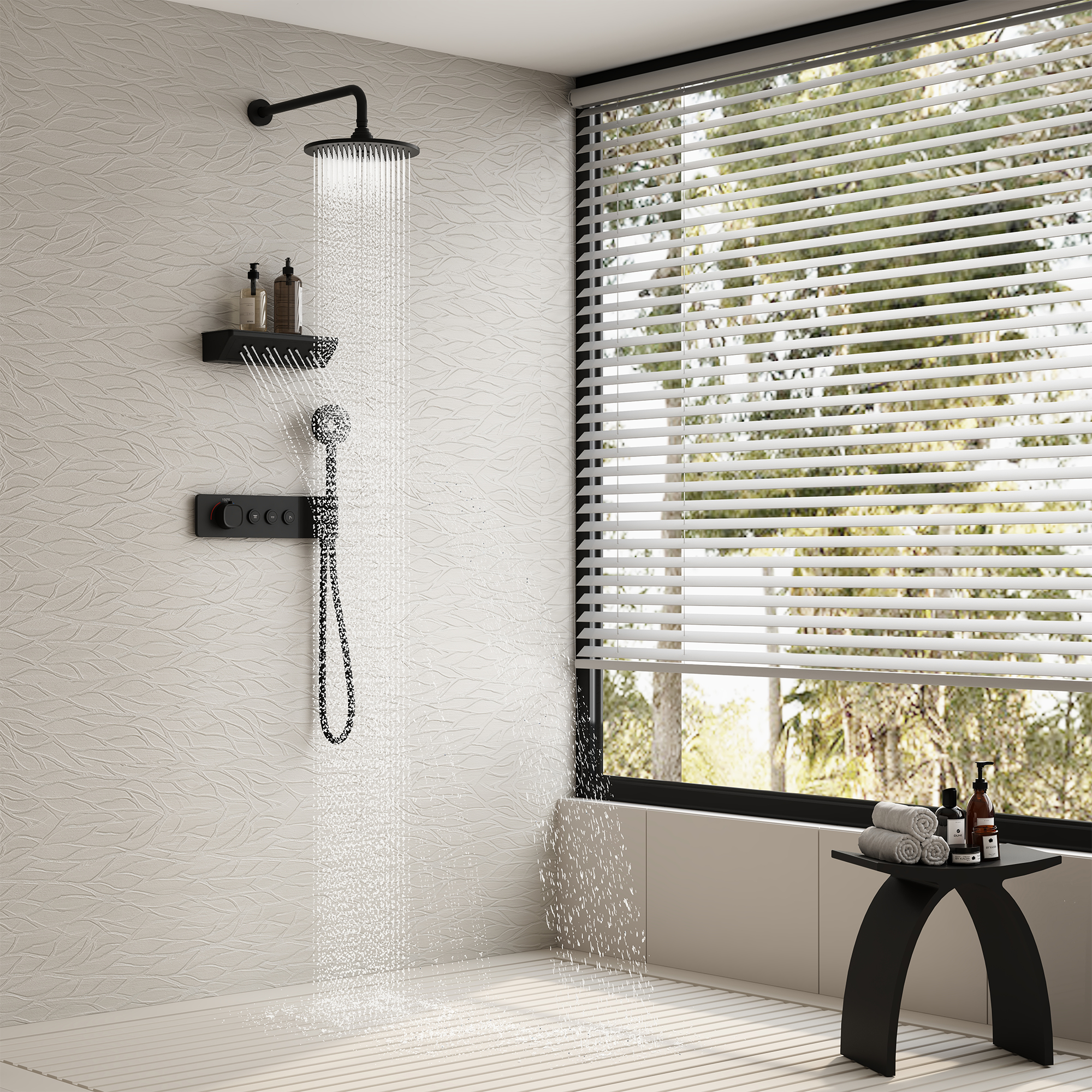 10-inch 3-Function Thermostatic Shower System with Neck Massage Jet