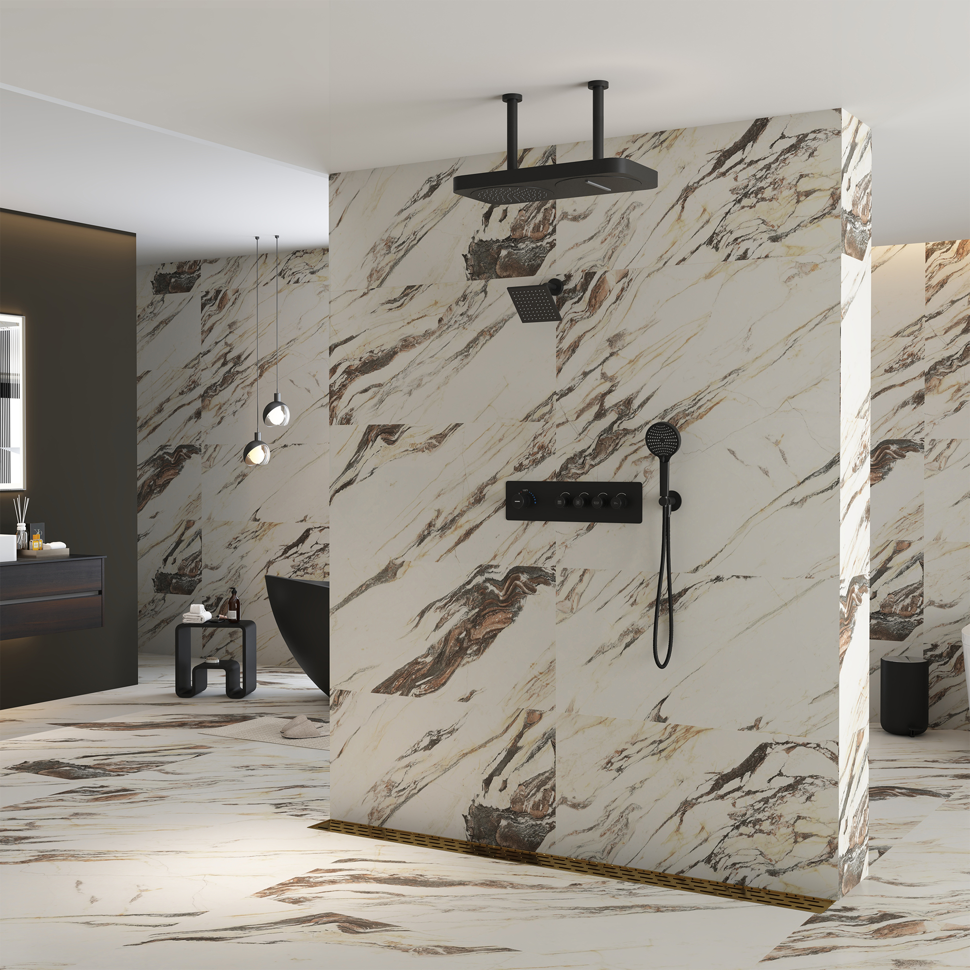 22.56*11.22 inch Ceiling-Mounted 4-Function Thermostatic Dual Shower System with Hand Shower