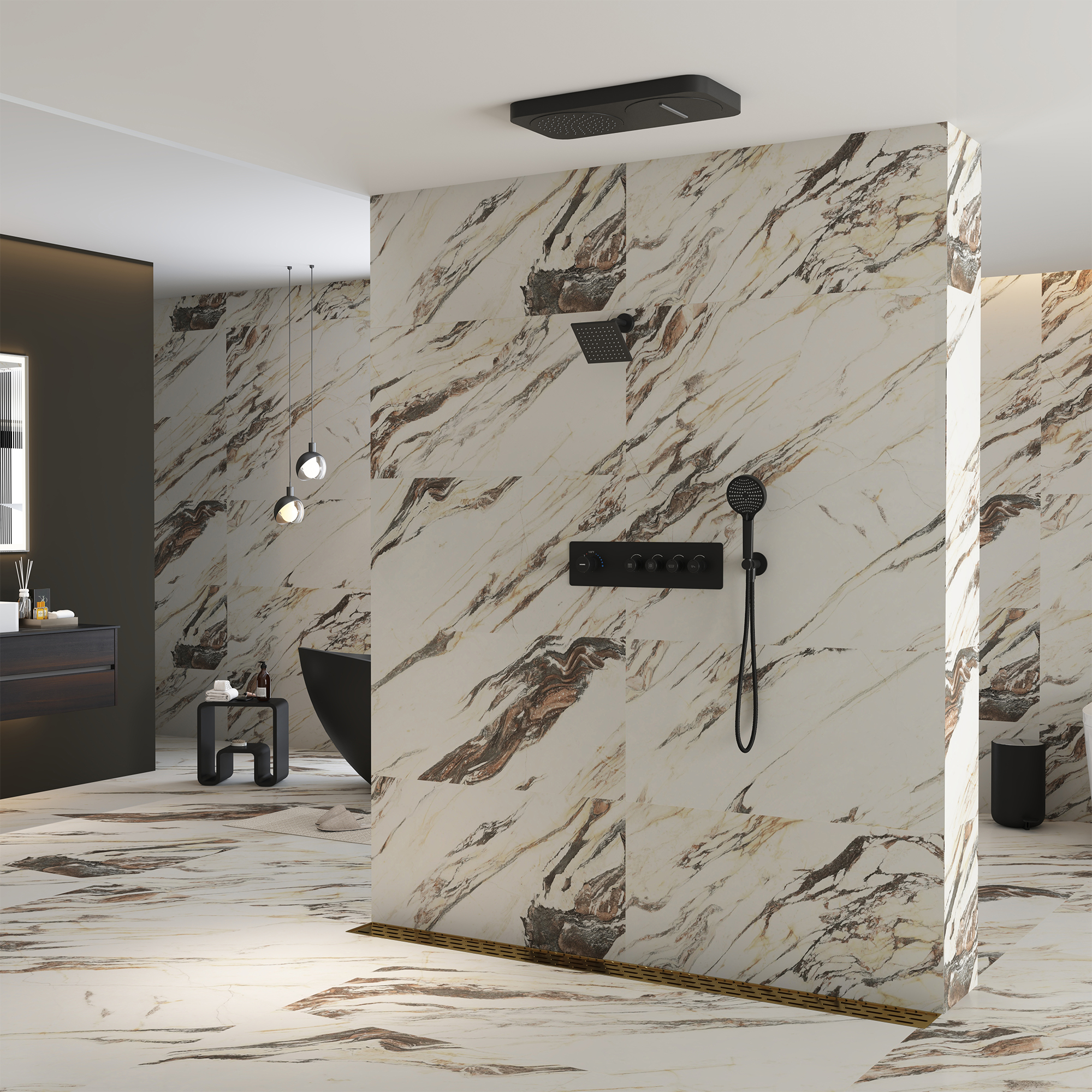 22.56" x 11.22" Flush-Mounted 4-Function Thermostatic Dual Shower Head System