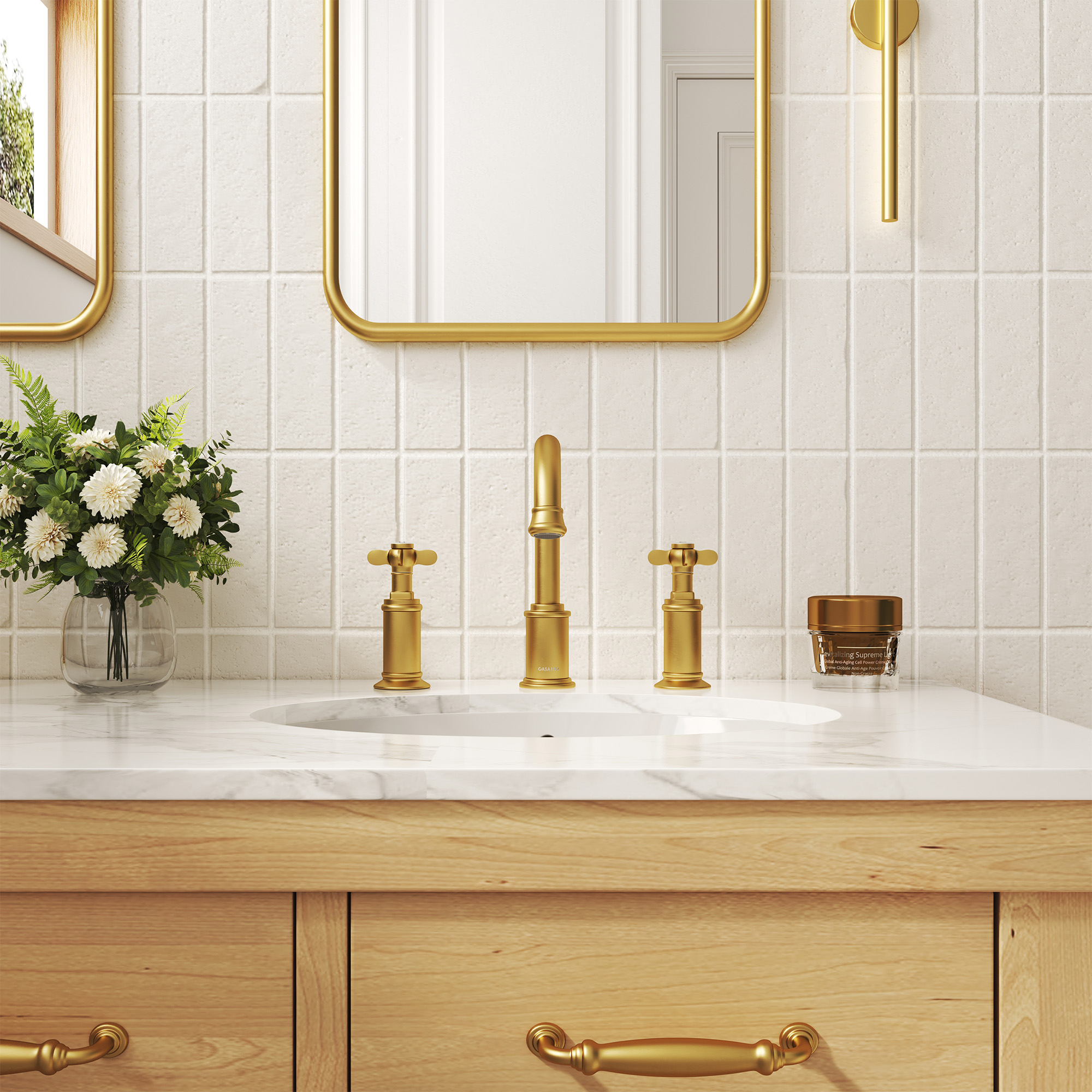 Cross Handles Brushed Gold Widespread Bathroom Faucet - DANUBE