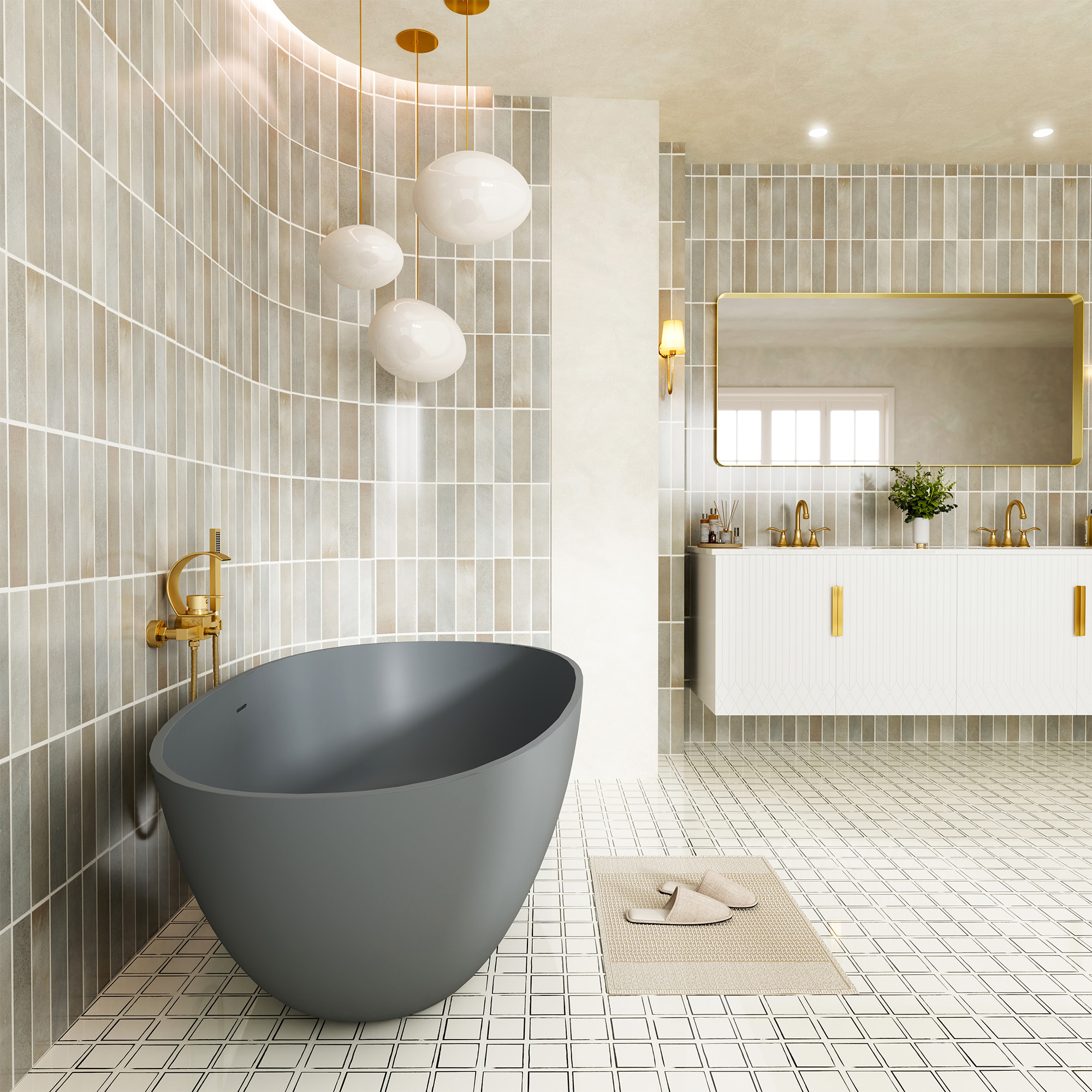 59" Non-porous Egg Shell Stone Resin Freestanding Soaking Tub Matte Black, Matte Grey - Egg Harbor