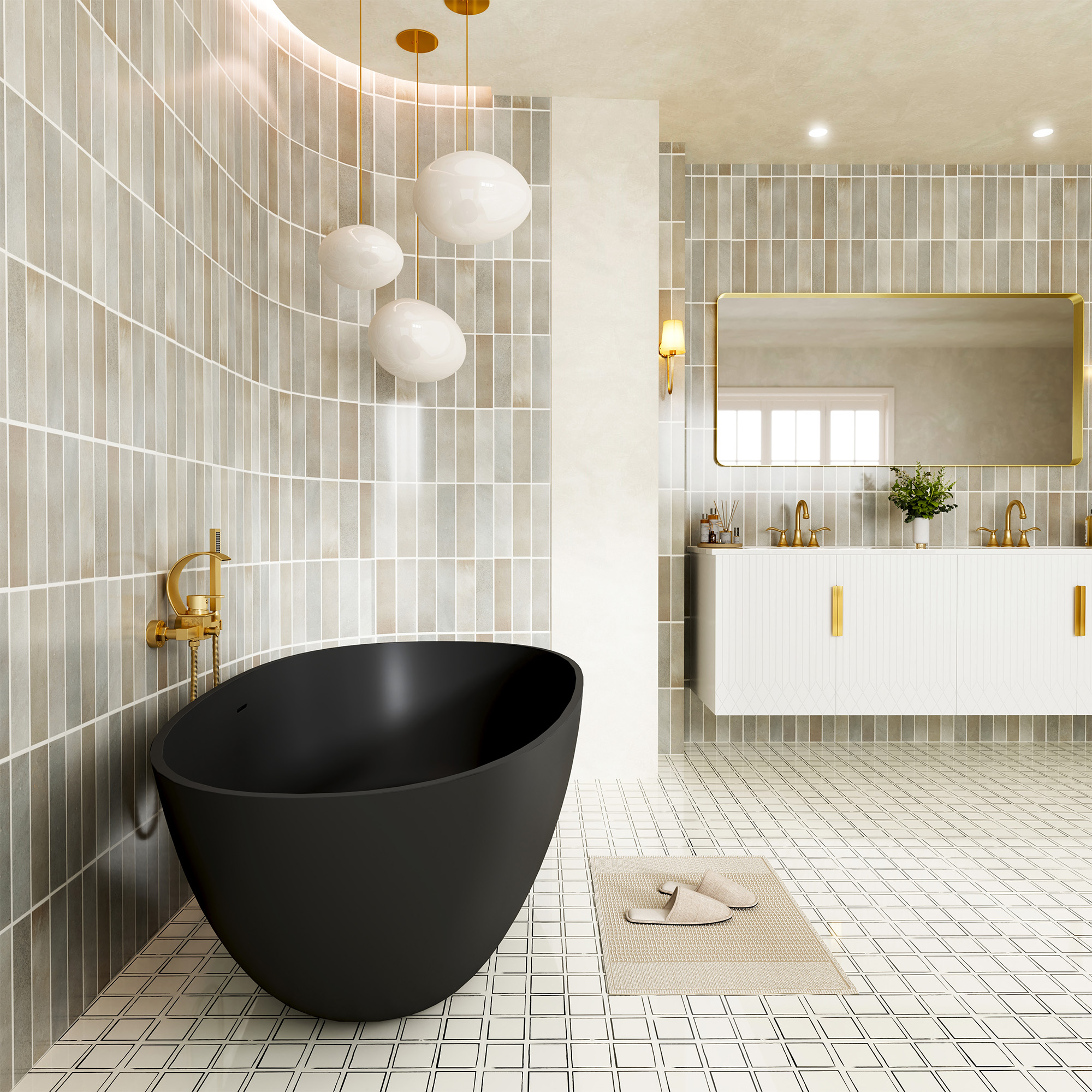 59" Non-porous Egg Shell Stone Resin Freestanding Soaking Tub Matte Black, Matte Grey - Egg Harbor