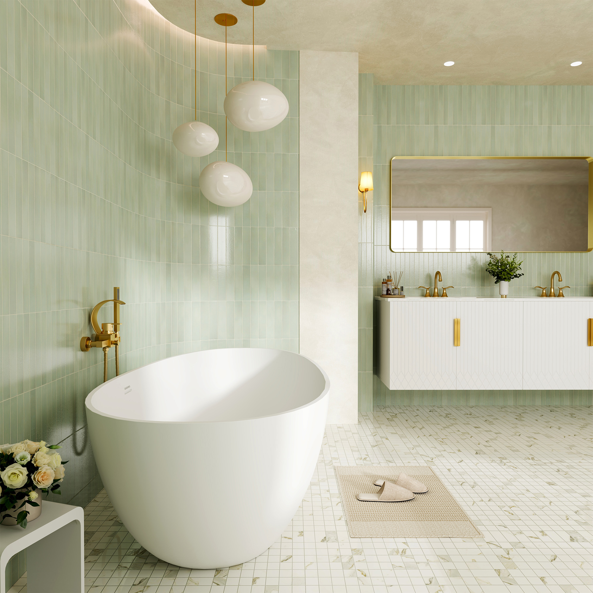 59/63/67/71" Matte White Egg Shell Stone Resin Freestanding Tub with Overflow and Drain - Egg Harbor