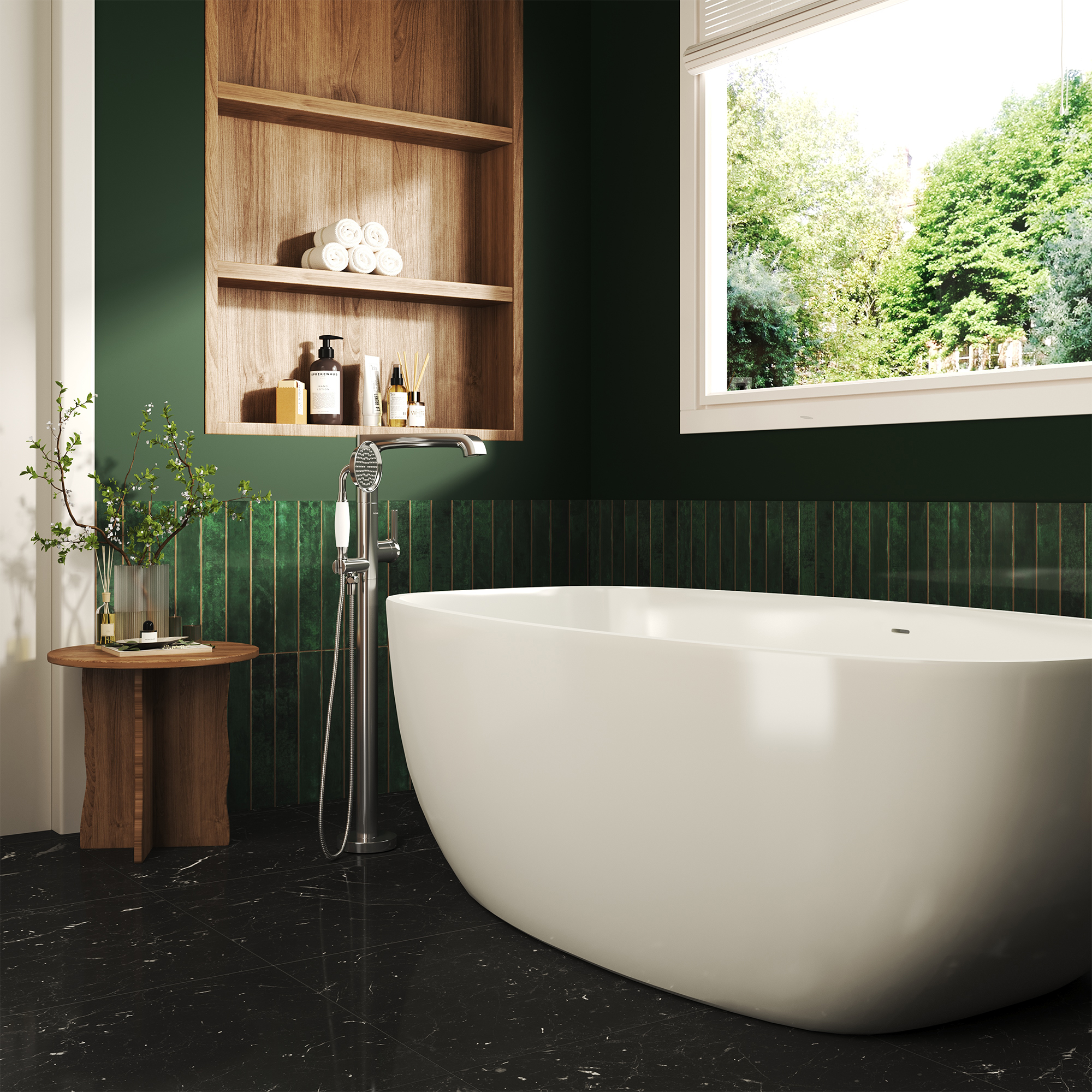 Polished Nickel Freestanding Floor Mount Bathtub Faucet with Hand Shower - HEXAGON