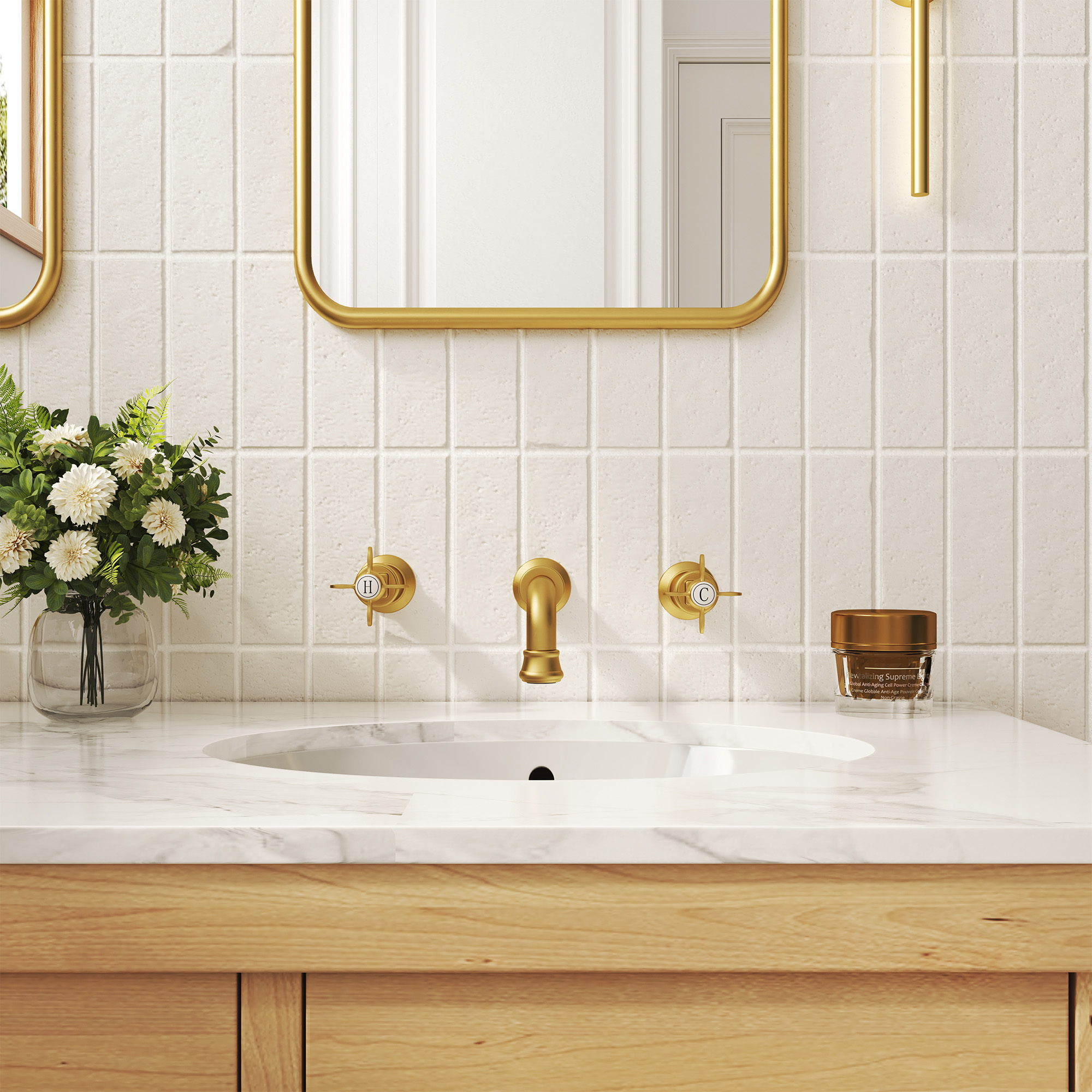 Cross Handles Brushed Gold Wall Mounted Bathroom Faucet – DANUBE
